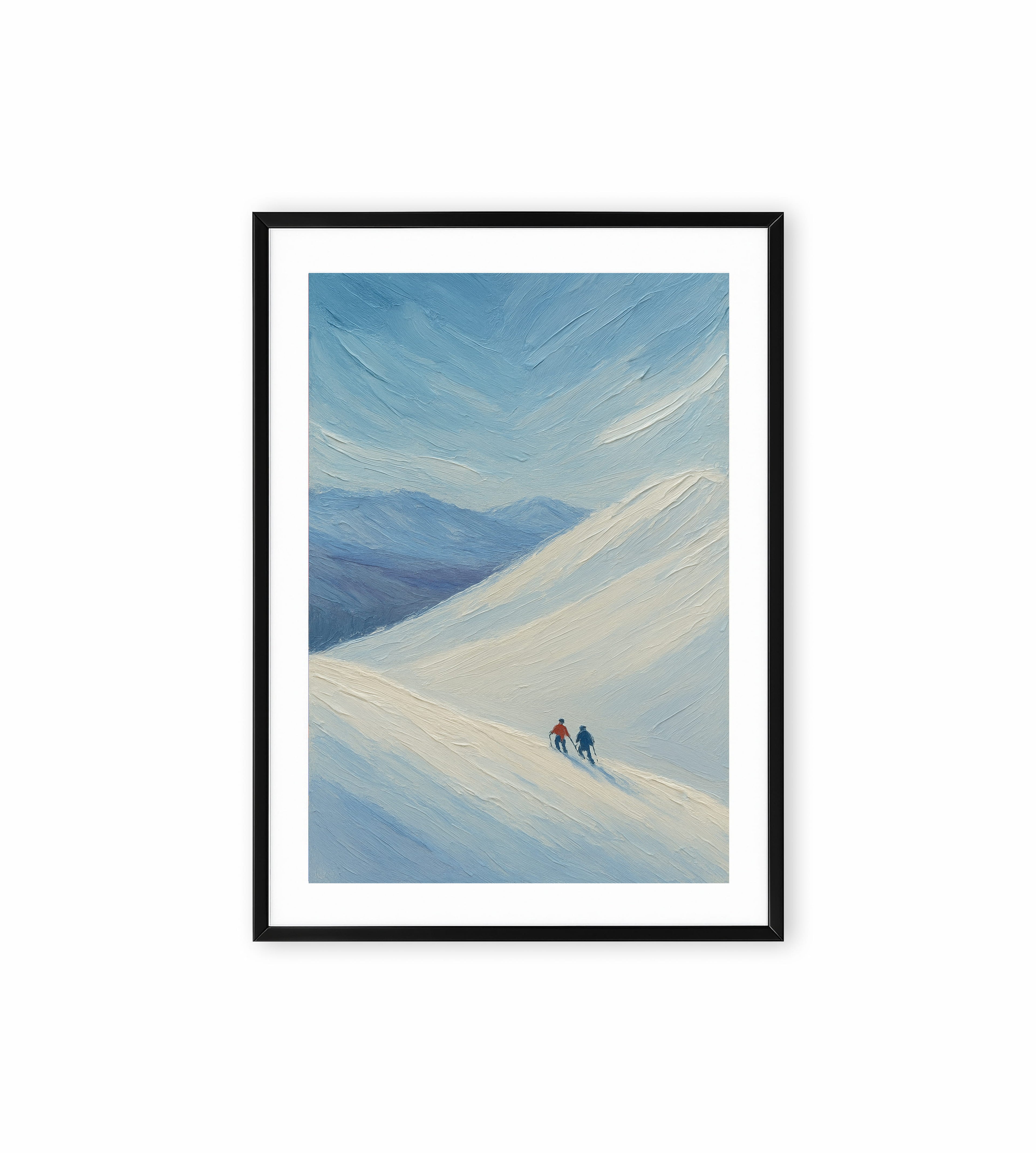 Two climbers painting on snowy mountain.