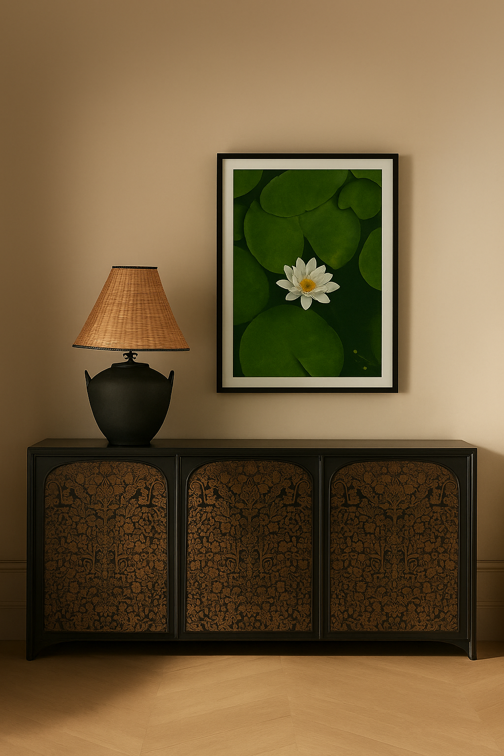 White water lily blooming among green lily pads on dark water in a minimalist nature wall art style.