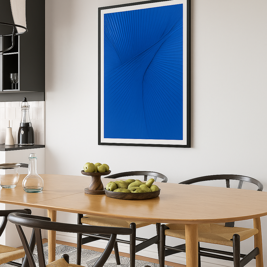 Abstract painting with flowing cobalt blue textured lines converging in a dynamic pattern on a solid blue background.