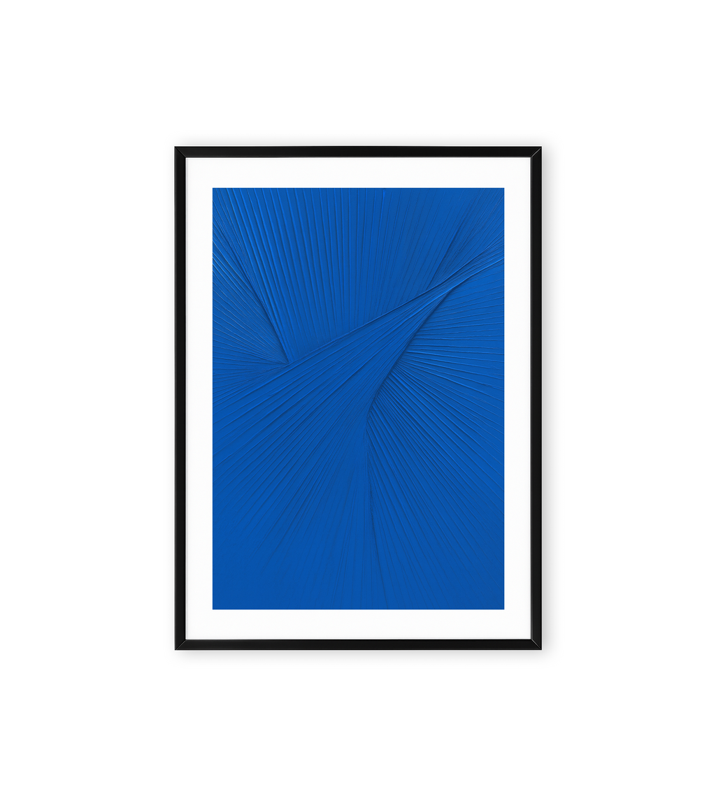 Abstract painting with flowing cobalt blue textured lines converging in a dynamic pattern on a solid blue background.