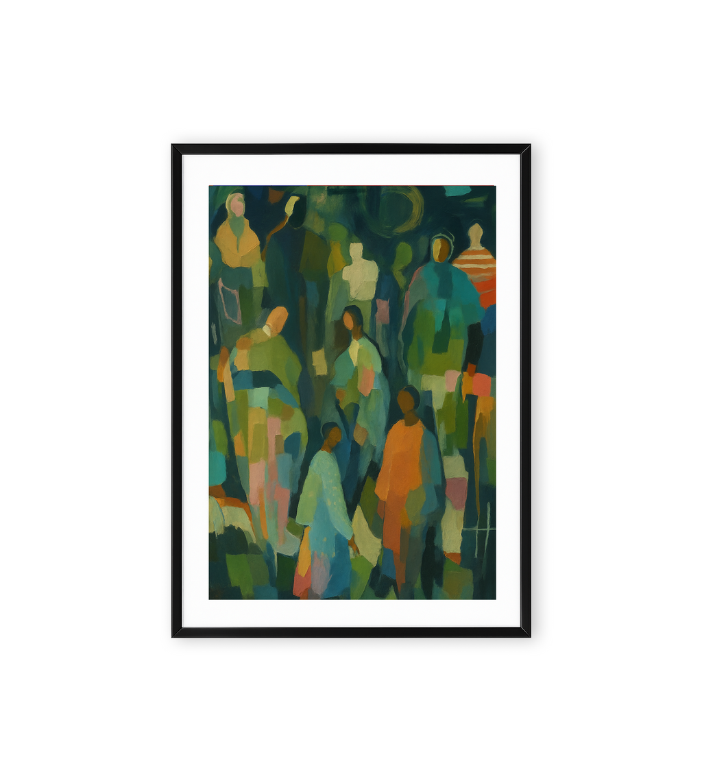 Abstract wall art featuring faceless figures created with geometric blocks of green, blue, and earthy colors.