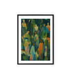 Abstract wall art featuring faceless figures created with geometric blocks of green, blue, and earthy colors.