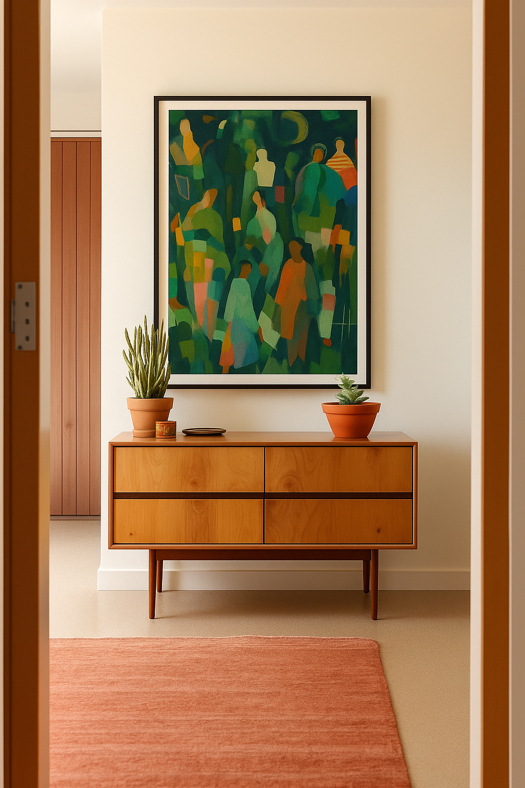 Abstract wall art featuring faceless figures created with geometric blocks of green, blue, and earthy colors.