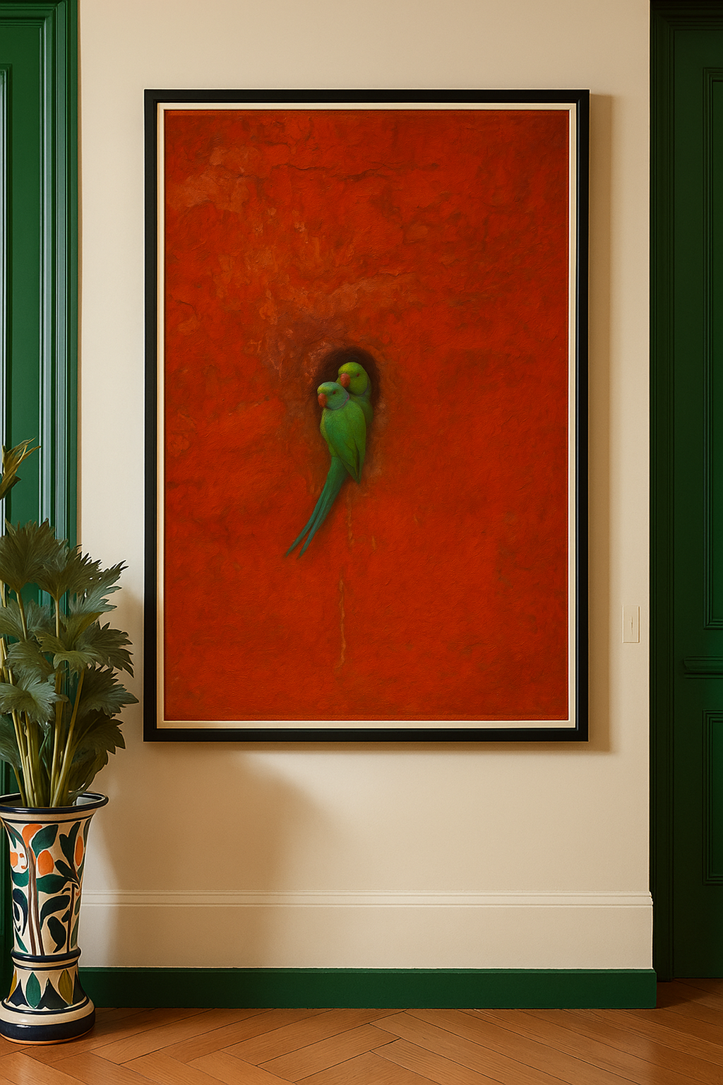 Minimalist wall art of two green parrots resting in a hollow on a vibrant red textured background.