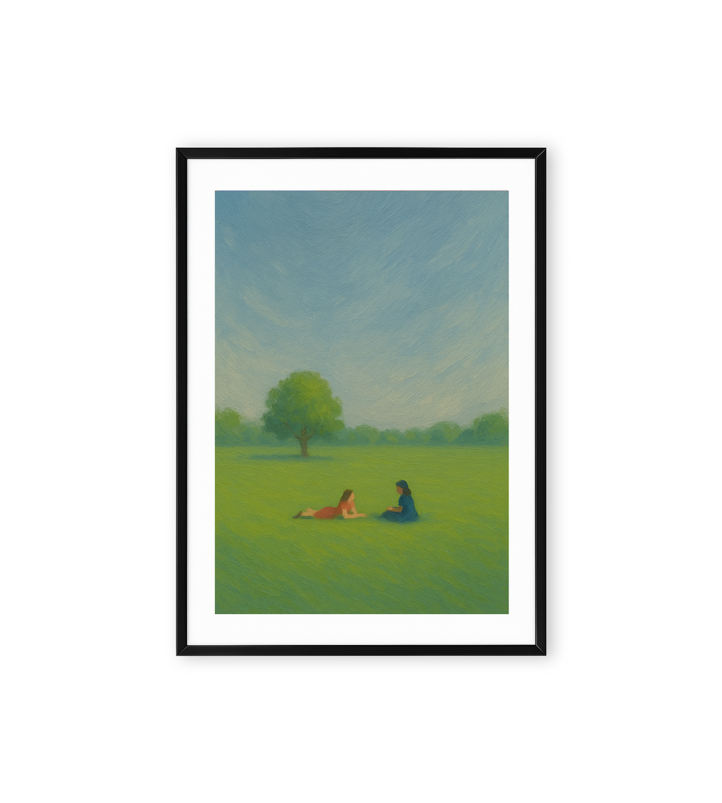 Wall art of two people sitting on a green field beneath a clear blue sky with a tree in the background.