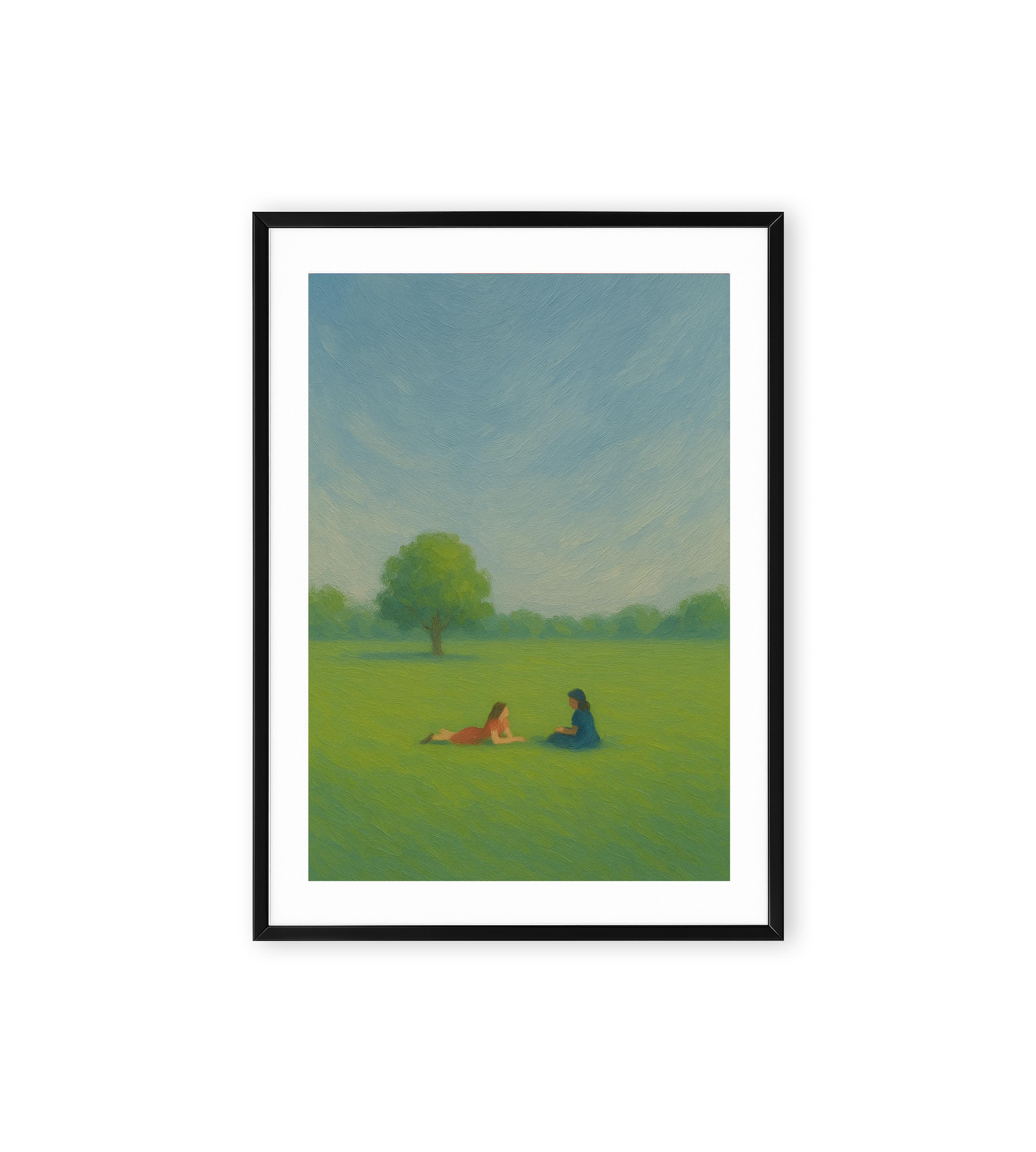 Wall art of two people sitting on a green field beneath a clear blue sky with a tree in the background.