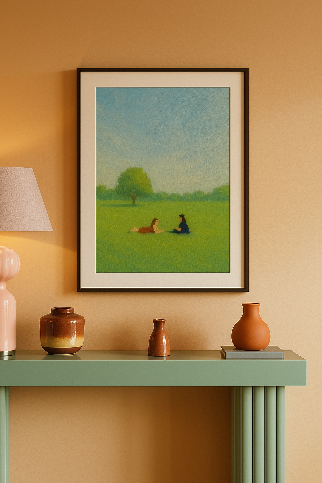 Wall art of two people sitting on a green field beneath a clear blue sky with a tree in the background.