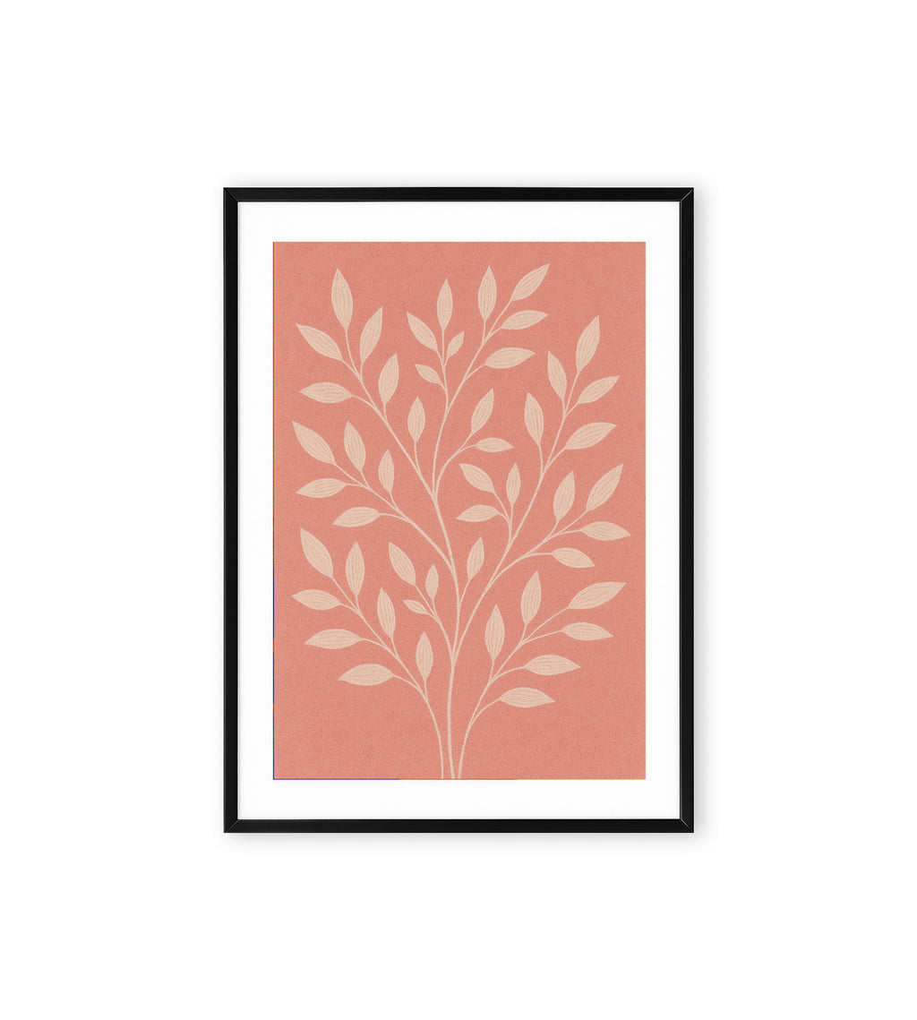 Cream branches with leaves on coral pink background.