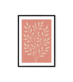 Cream branches with leaves on coral pink background.