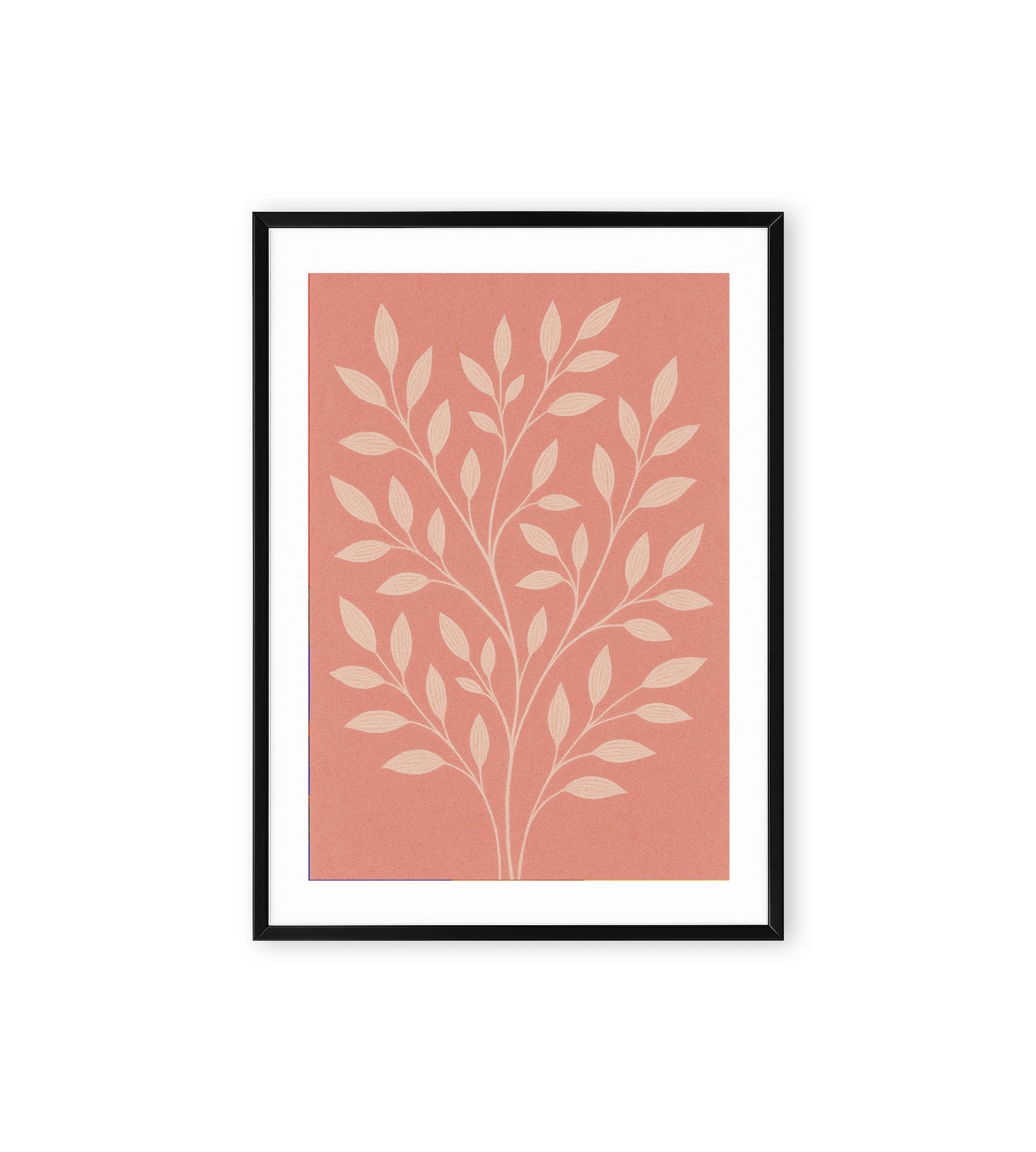 Cream branches with leaves on coral pink background.