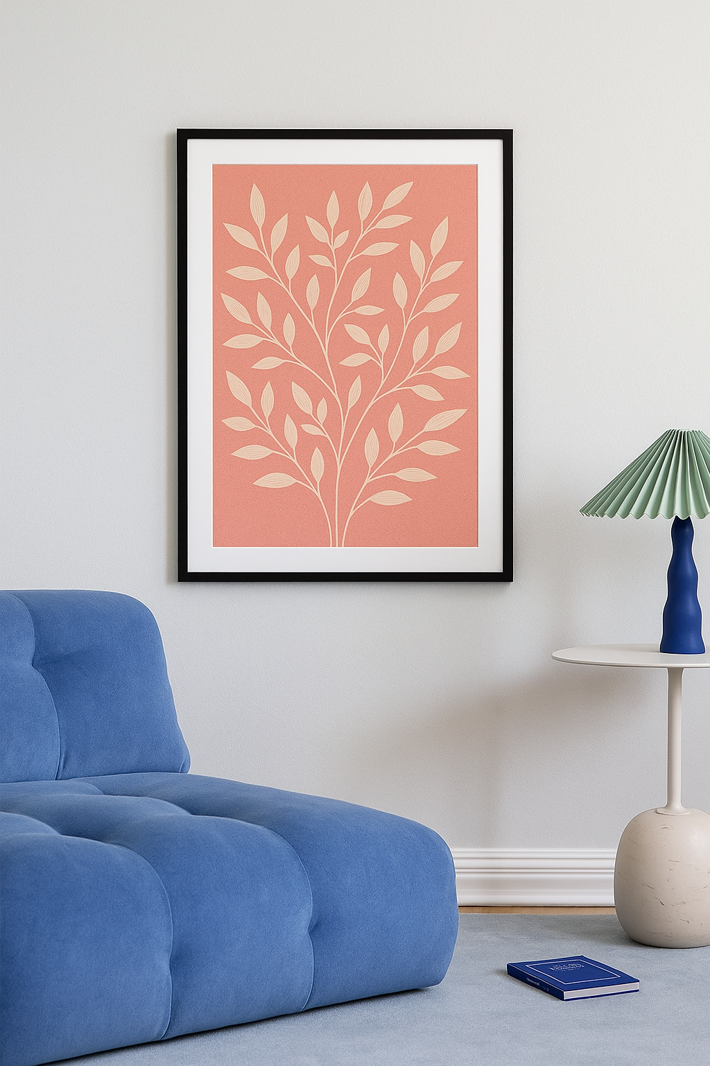 Cream branches with leaves on coral pink background.