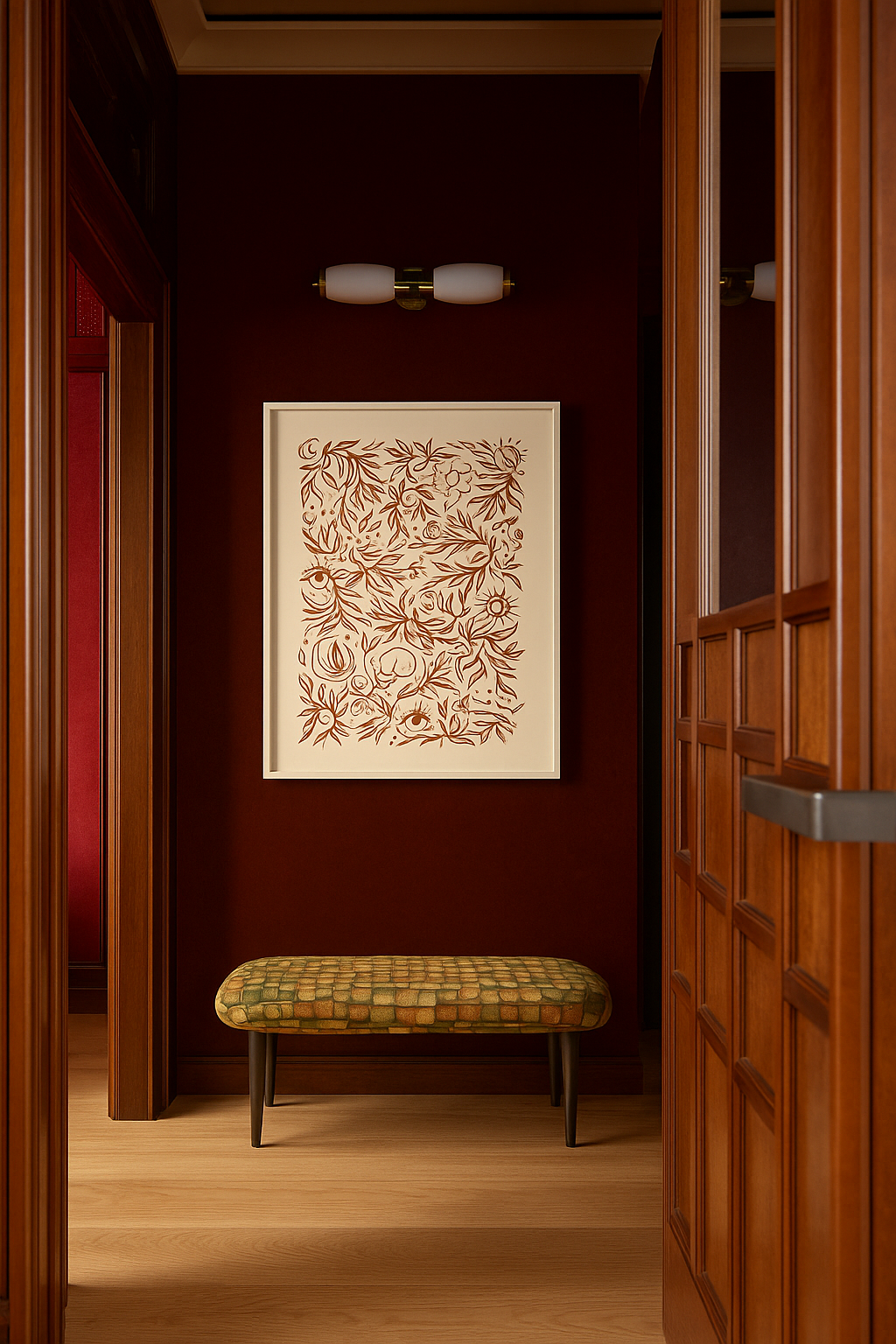 Folk art drawing with red flowers, animals, and celestial symbols on beige background.