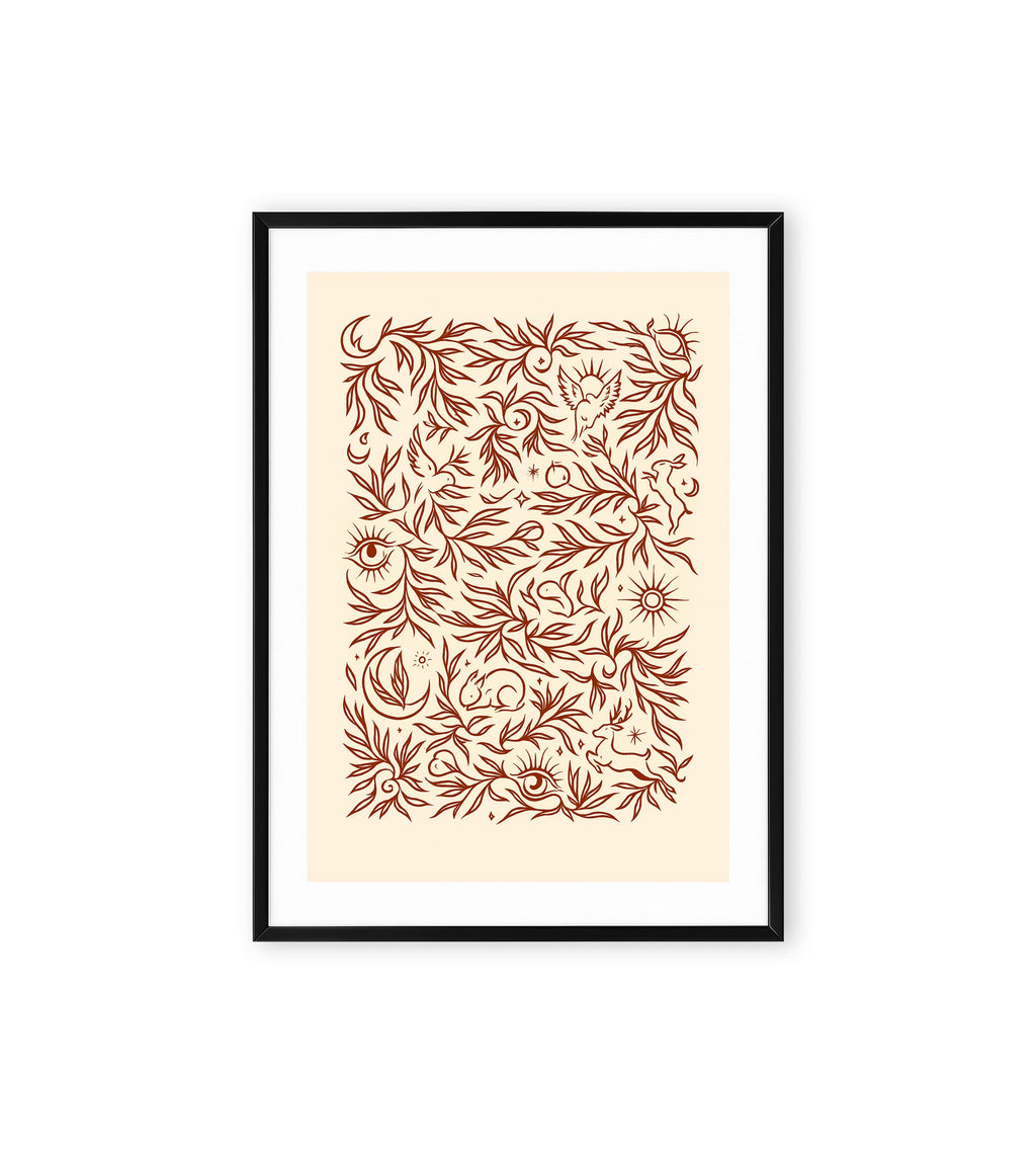 Folk art drawing with red flowers, animals, and celestial symbols on beige background.