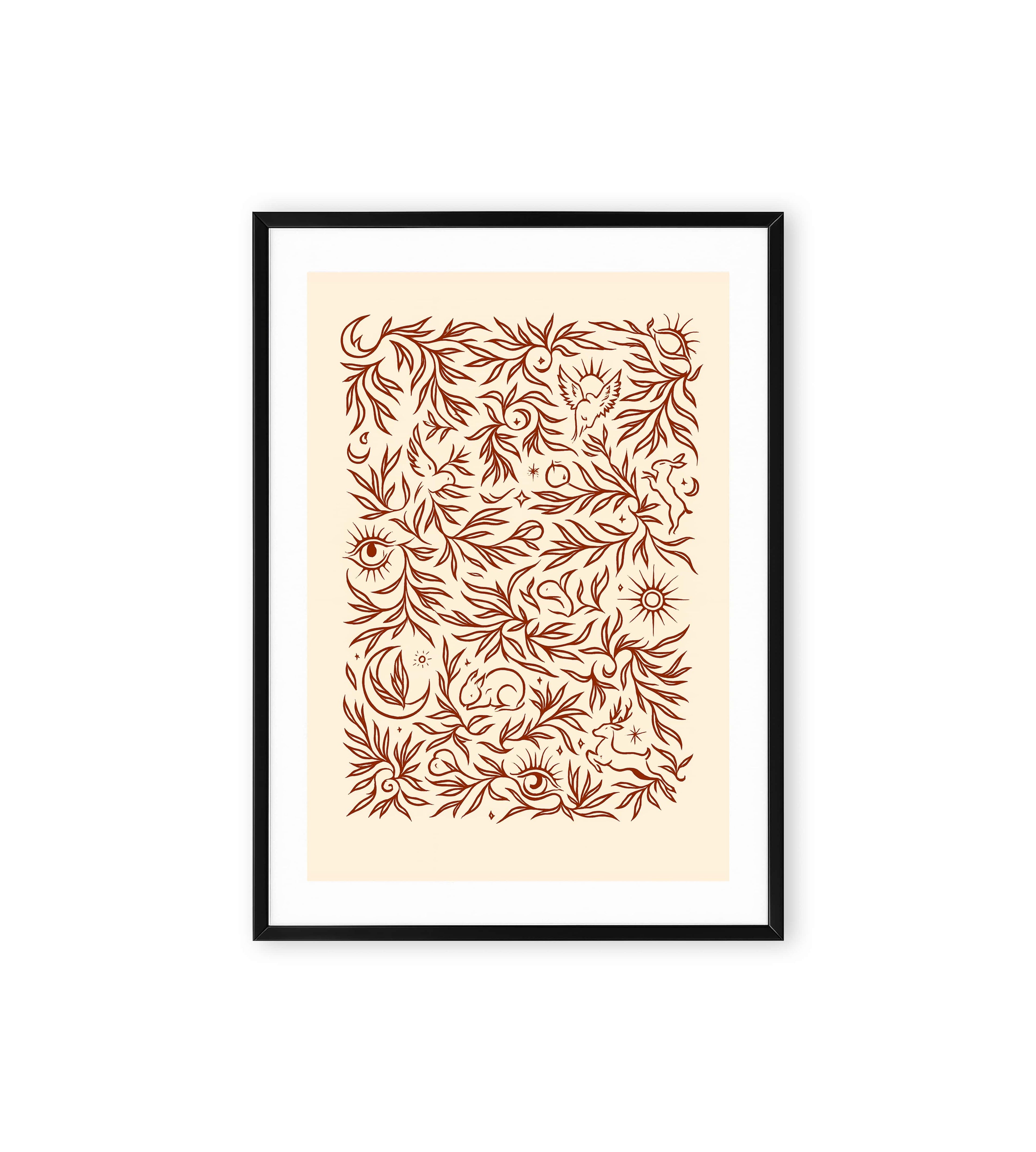 Folk art drawing with red flowers, animals, and celestial symbols on beige background.