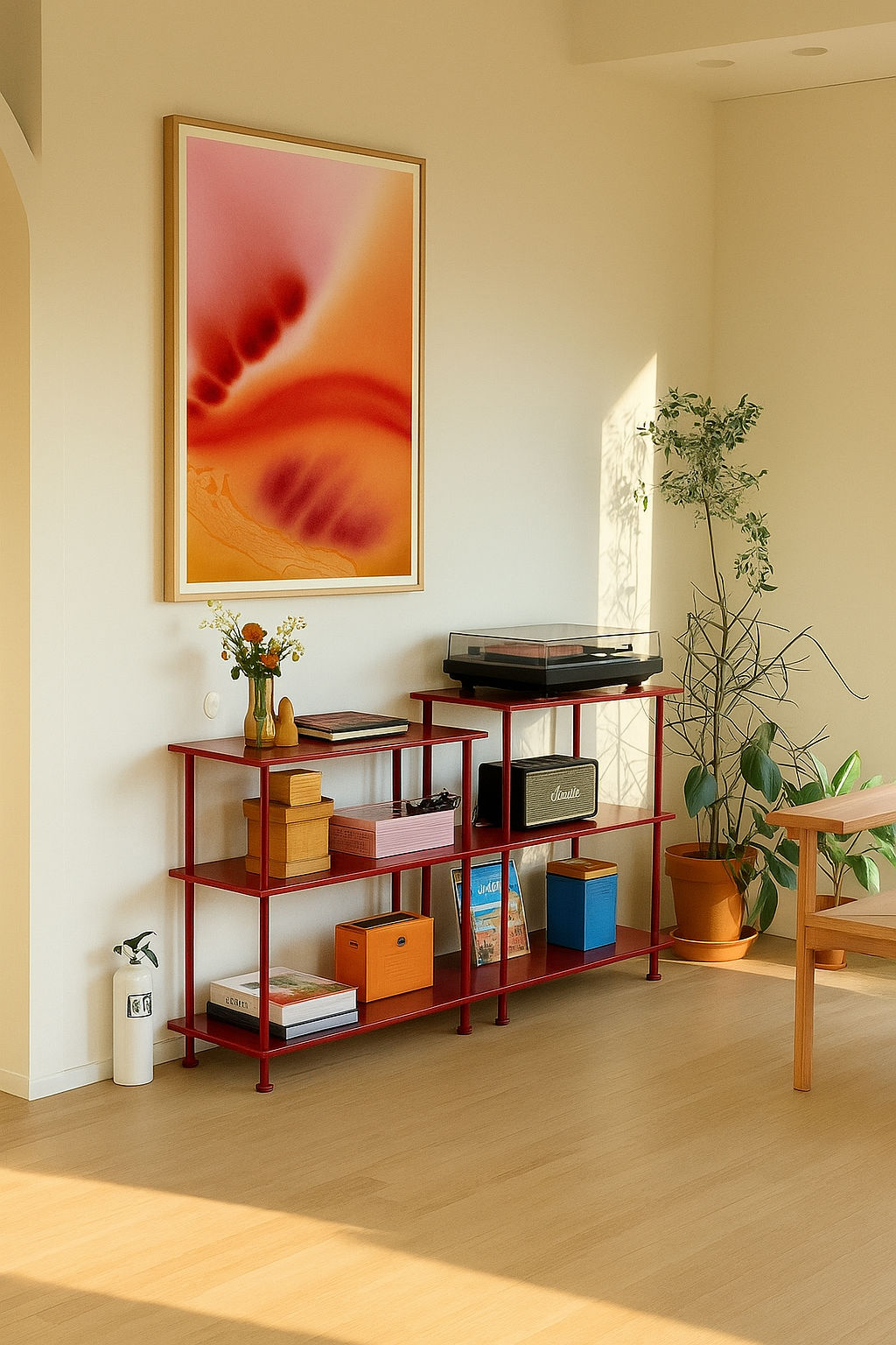 Abstract painting with red, orange, and pink gradient.