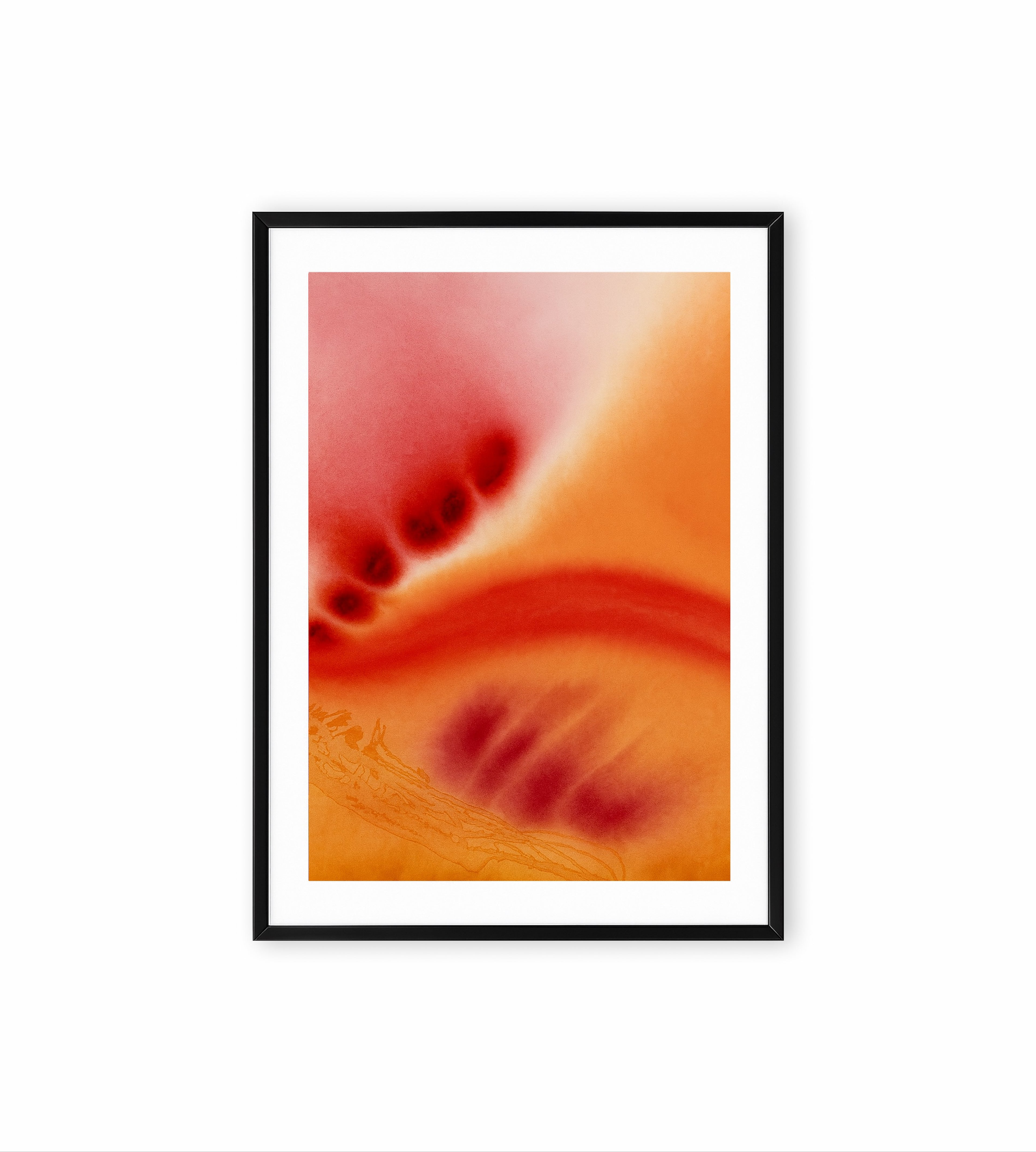 Abstract painting with red, orange, and pink gradient.