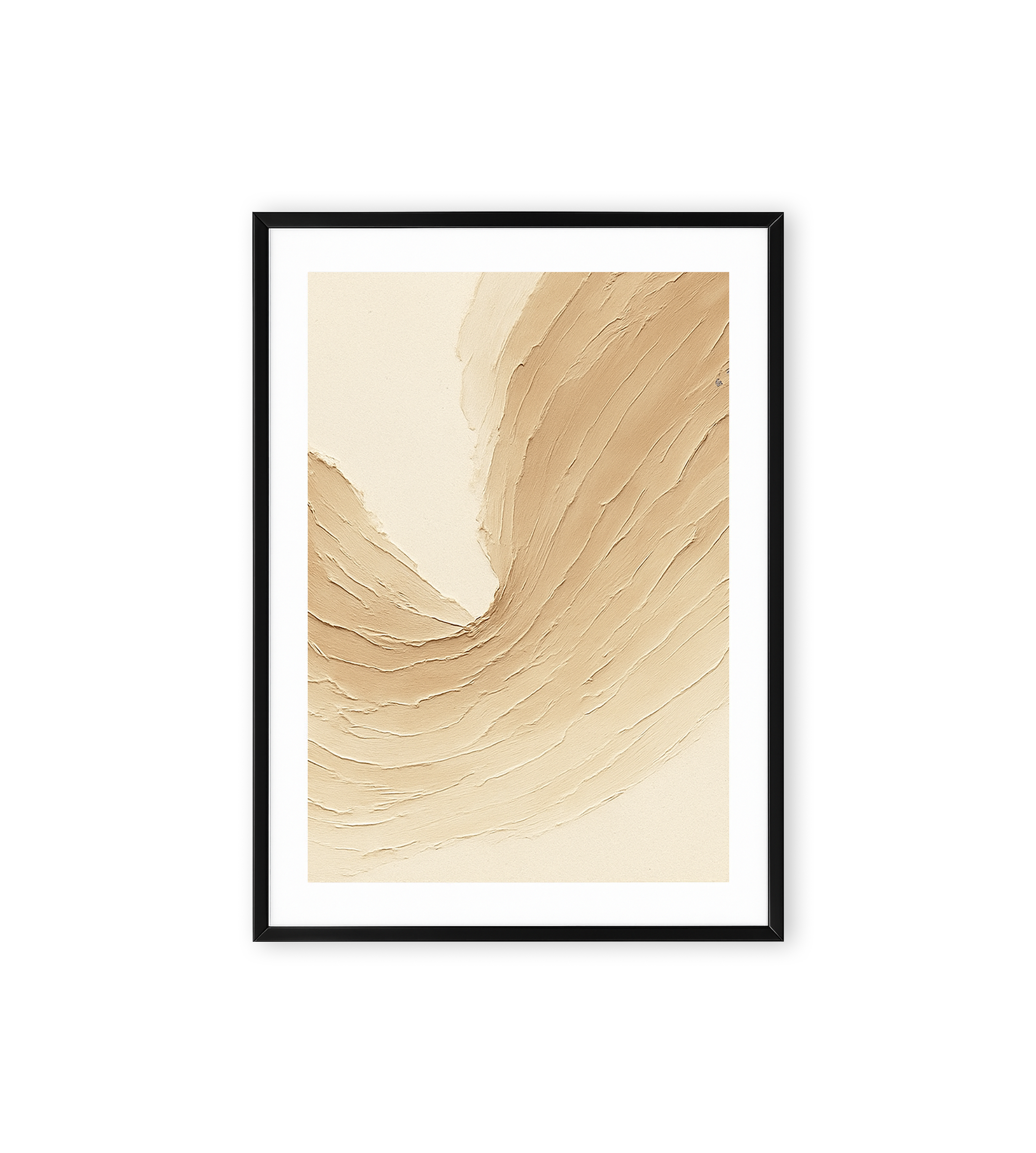 Abstract painting with flowing textured strokes in soft beige and sand tones resembling desert dunes.
