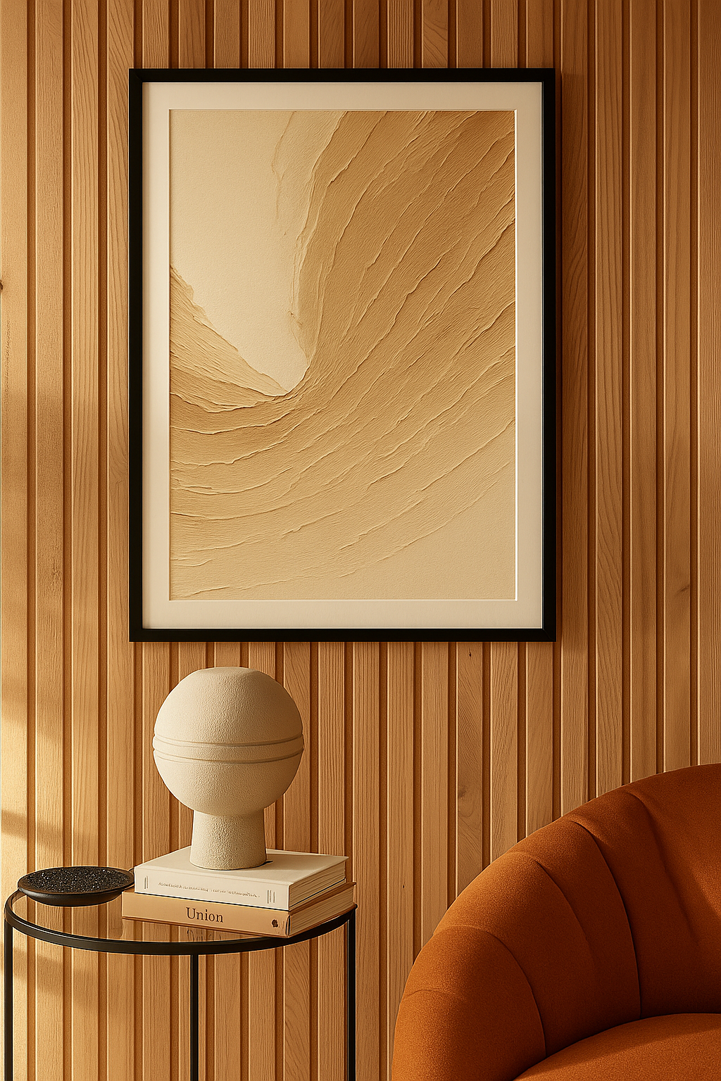 Abstract painting with flowing textured strokes in soft beige and sand tones resembling desert dunes.