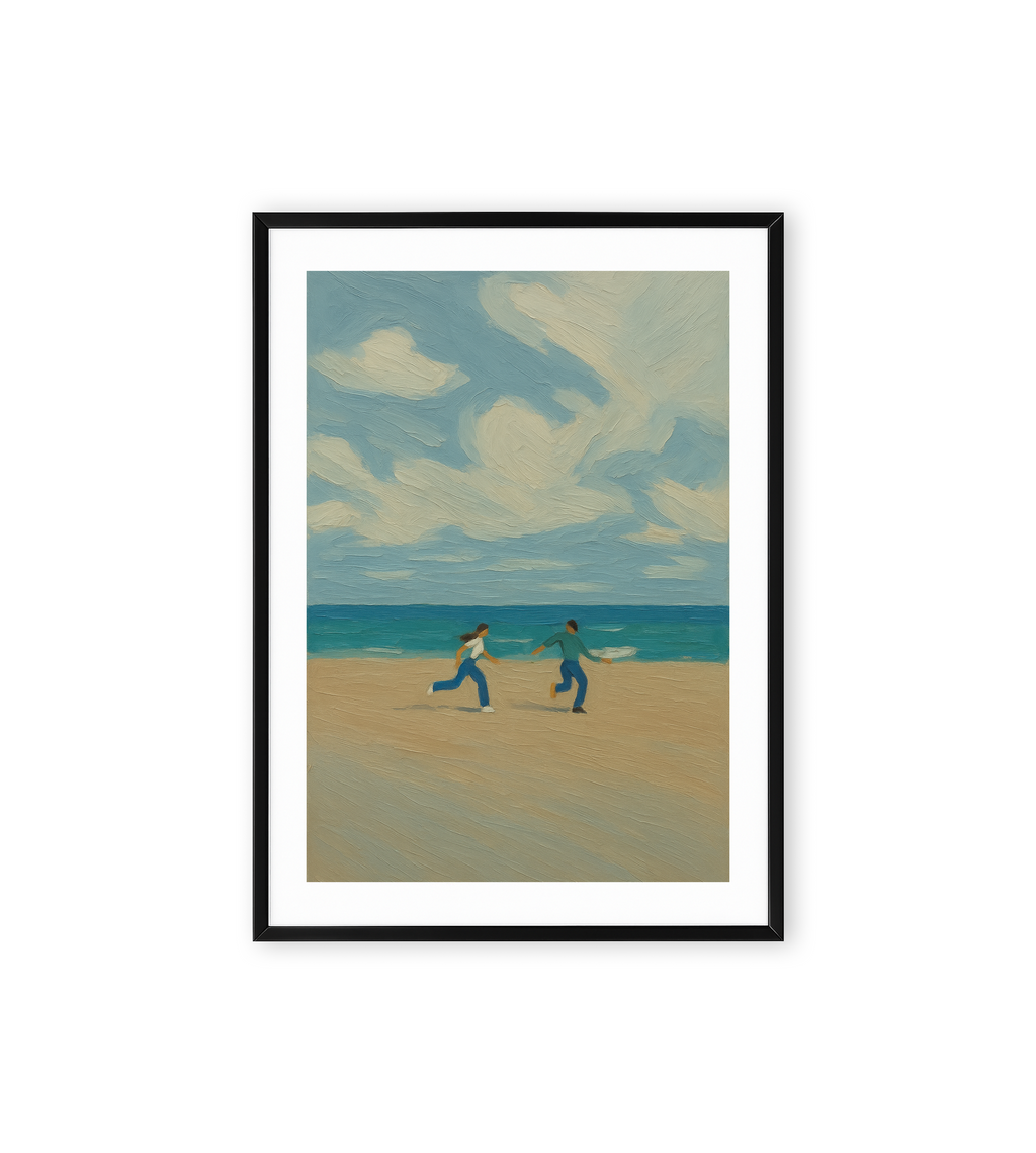 Coastal wall print of two people running on a sandy beach with blue ocean and cloudy sky in a minimalist style.