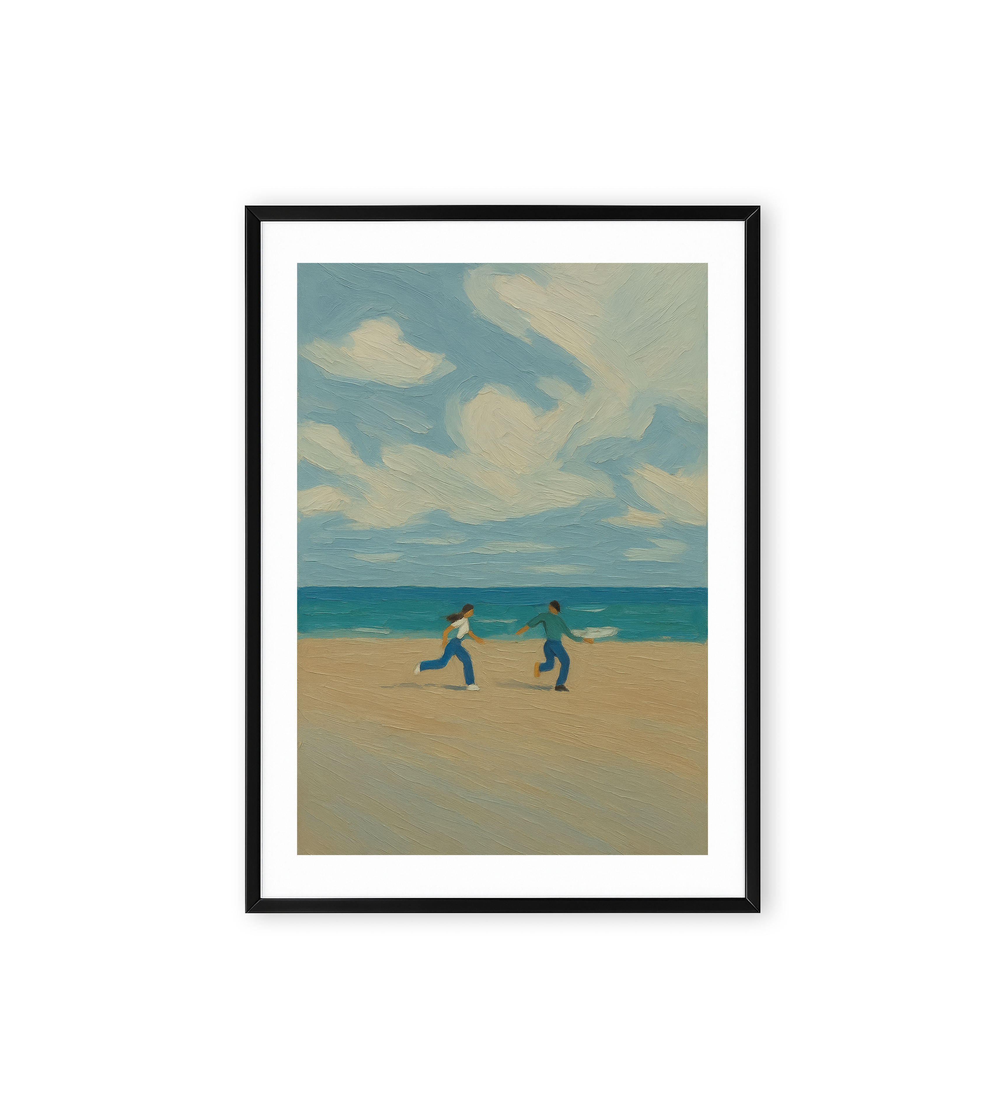 Coastal wall print of two people running on a sandy beach with blue ocean and cloudy sky in a minimalist style.
