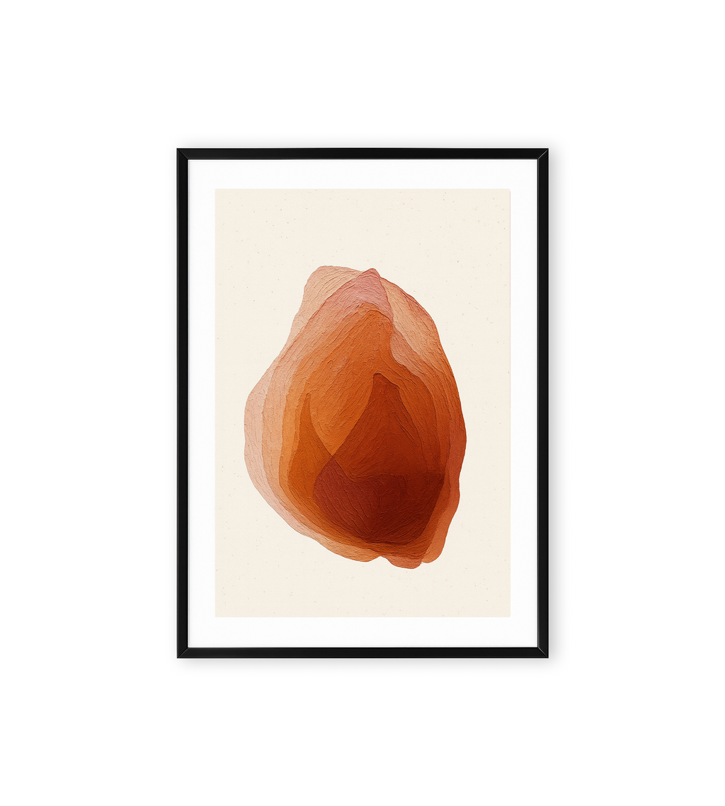Abstract painting with layered organic shapes in warm terracotta and earthy red hues on a light background.