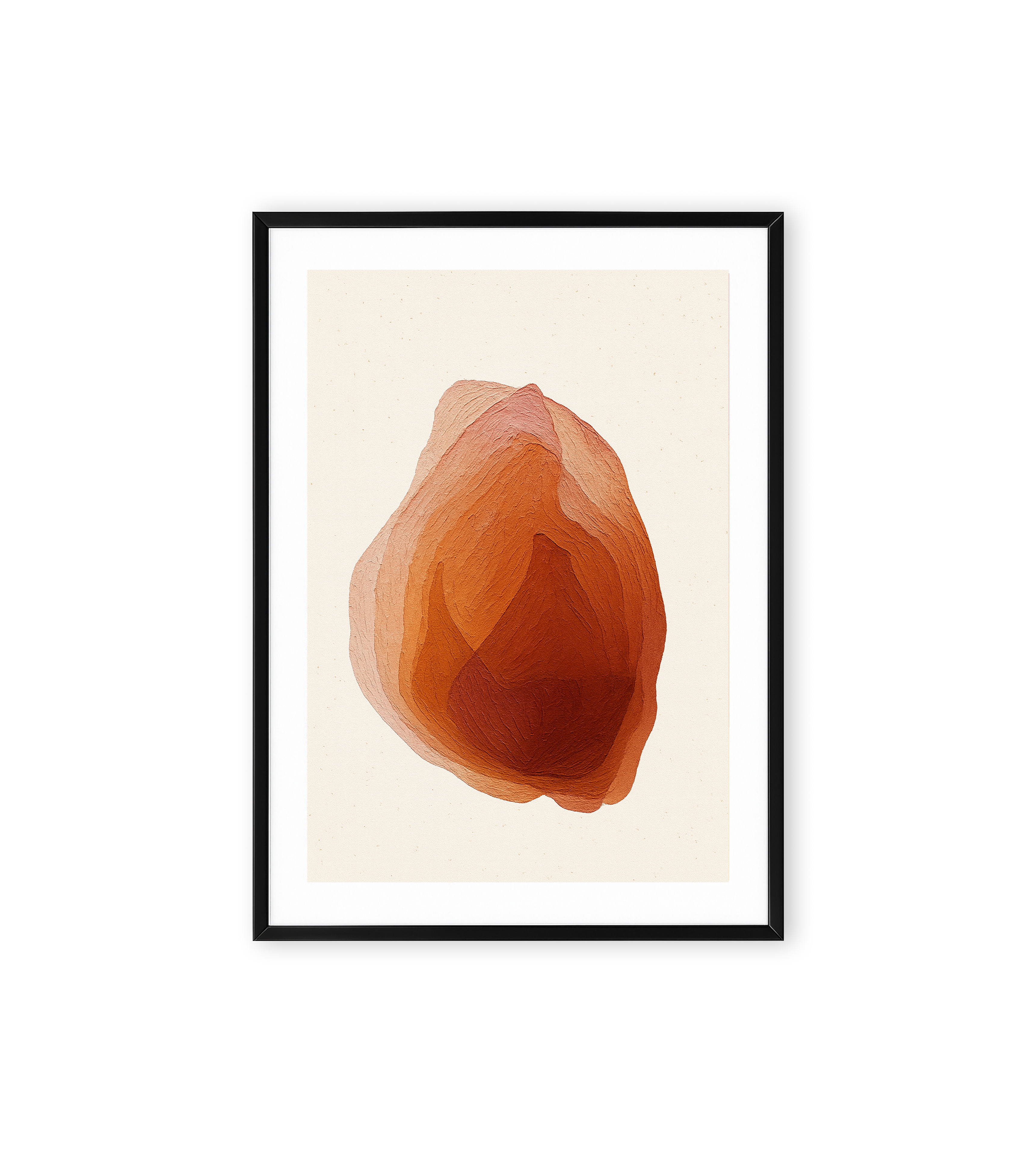 Abstract painting with layered organic shapes in warm terracotta and earthy red hues on a light background.