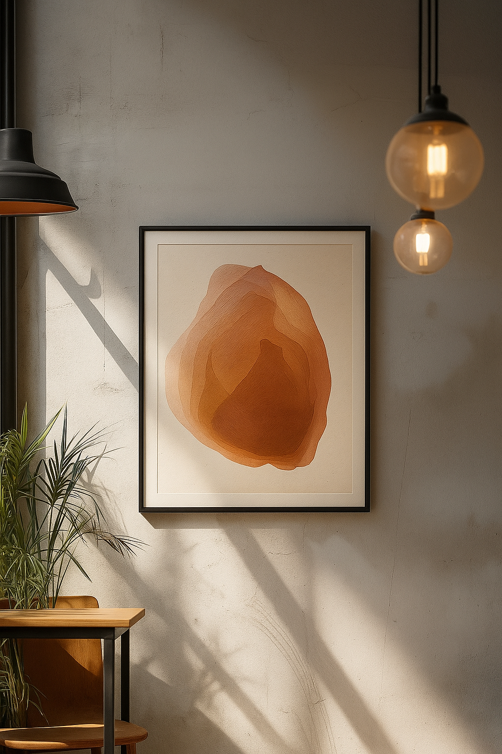 Abstract painting with layered organic shapes in warm terracotta and earthy red hues on a light background.