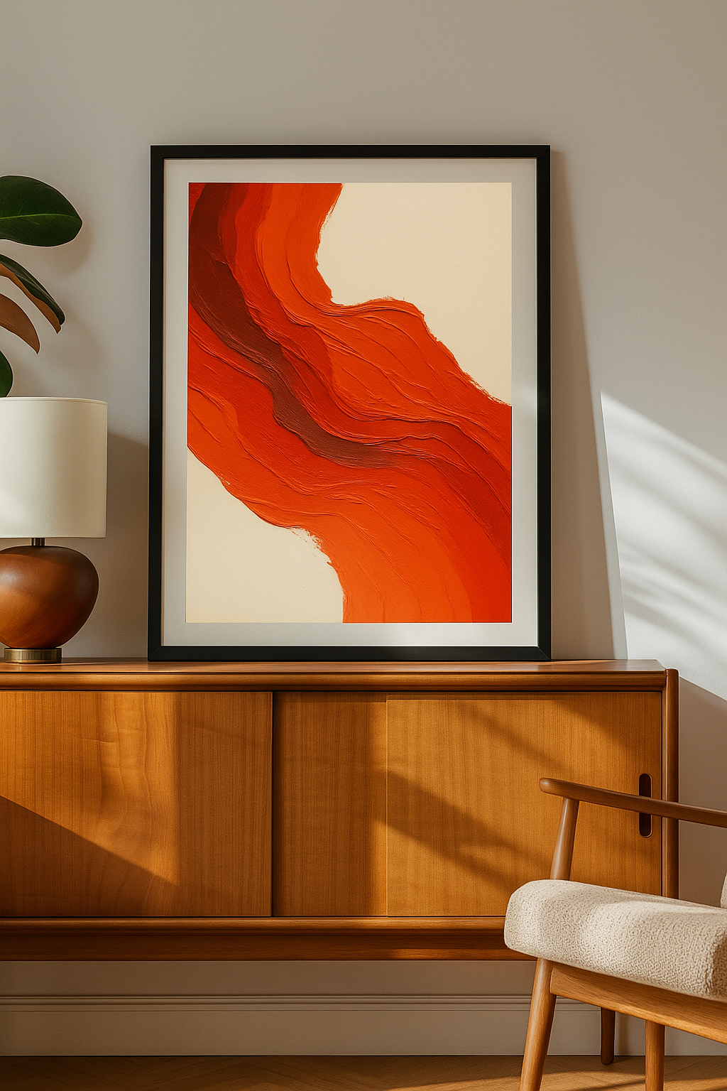 Abstract textured painting with flowing red and orange paint strokes on a beige background, resembling molten lava or fiery waves