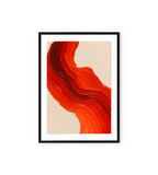 Abstract textured painting with flowing red and orange paint strokes on a beige background, resembling molten lava or fiery waves