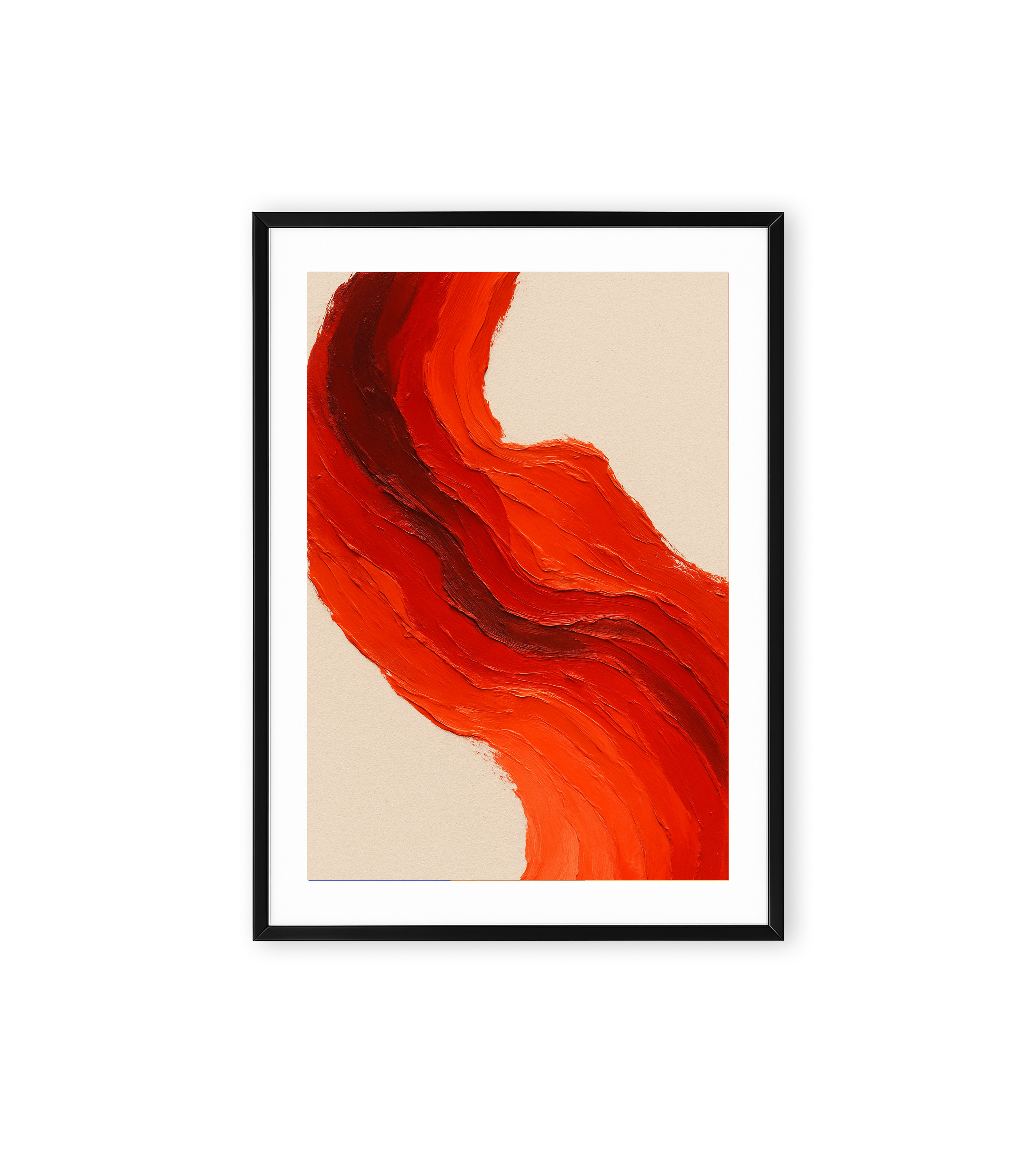 Abstract textured painting with flowing red and orange paint strokes on a beige background, resembling molten lava or fiery waves