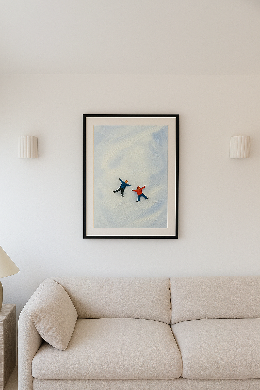 Minimalist wall art showing two figures making snow angels in a snowy landscape.