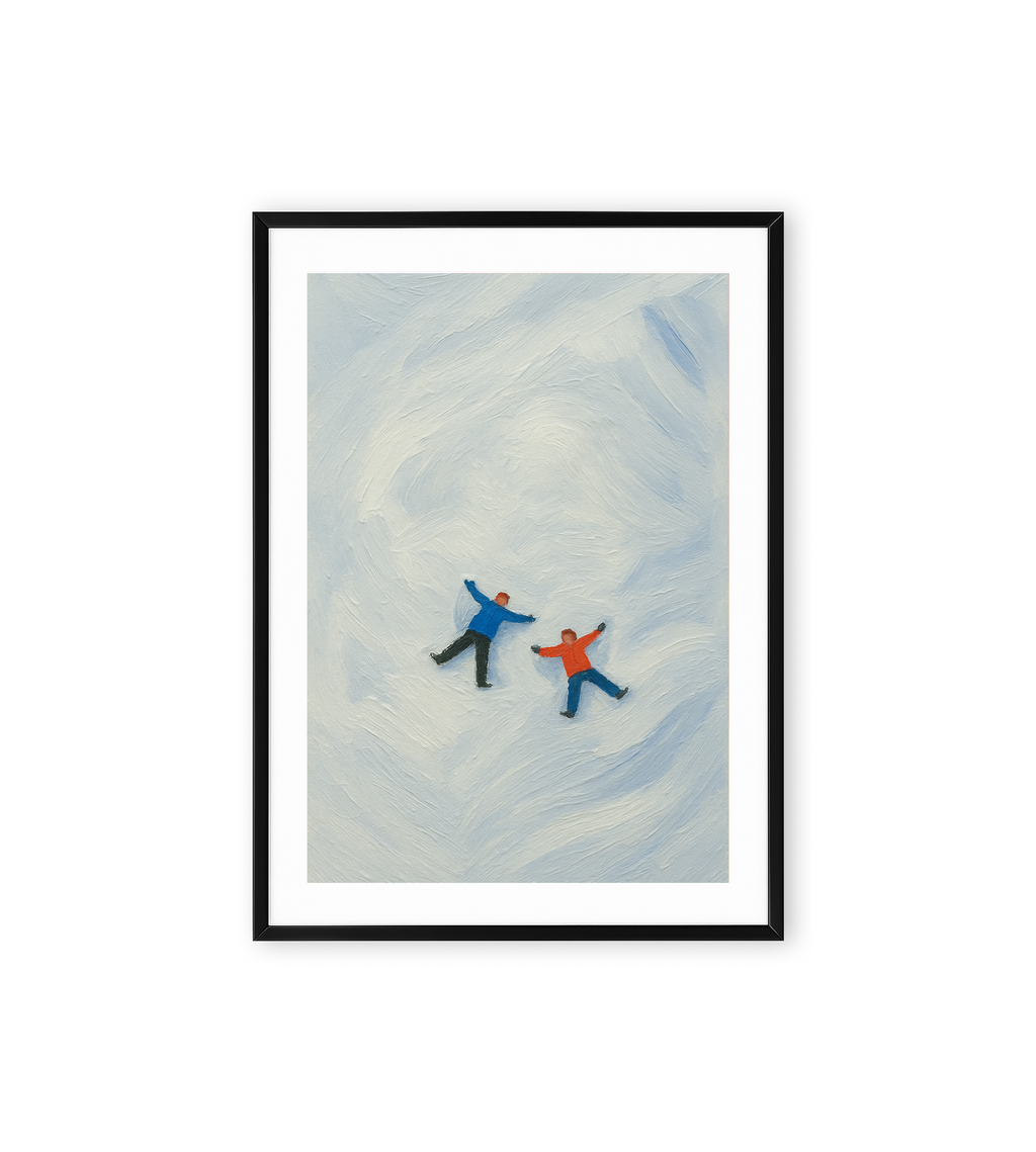 Framed artwork of two figures on a textured blue background