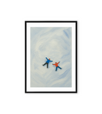Framed artwork of two figures on a textured blue background