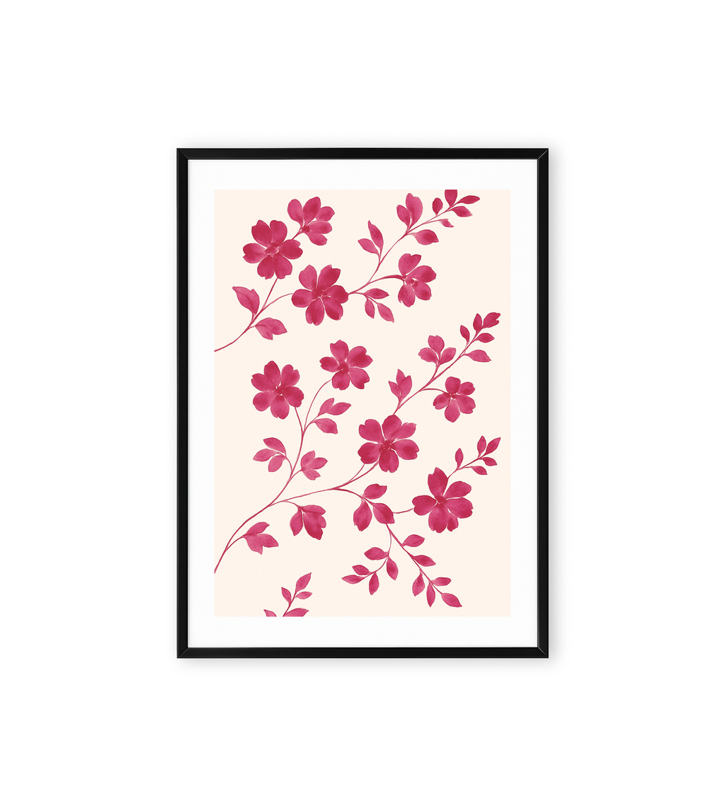 Watercolor painting of pink flowers with leafy branches on a light cream background, elegant botanical floral wall art