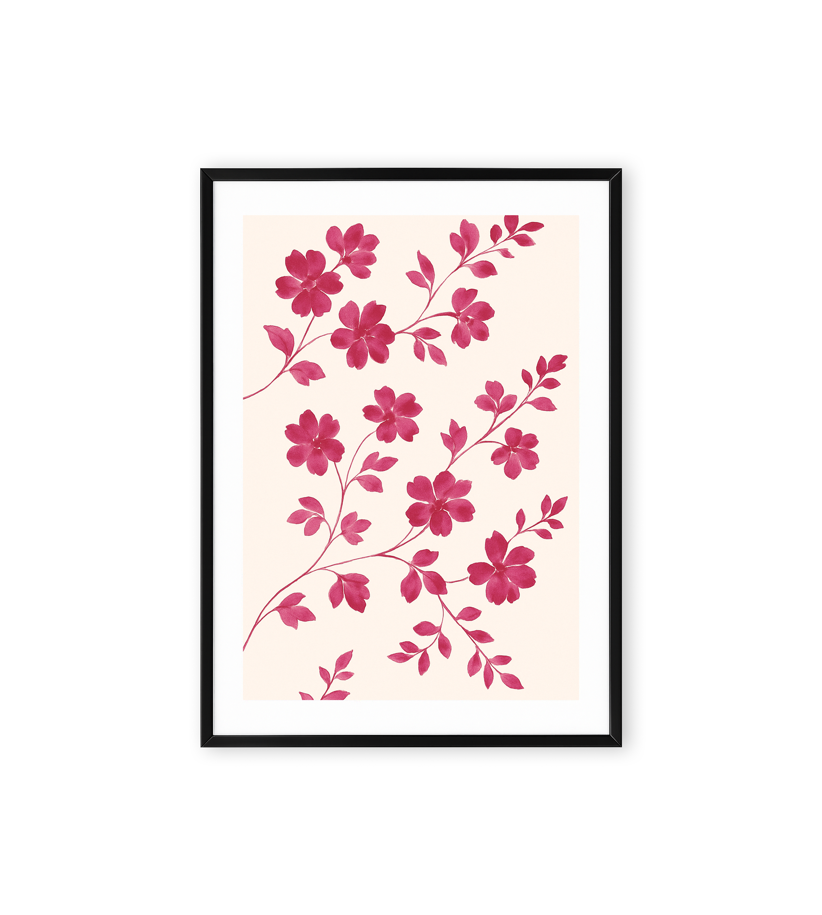 Watercolor painting of pink flowers with leafy branches on a light cream background, elegant botanical floral wall art