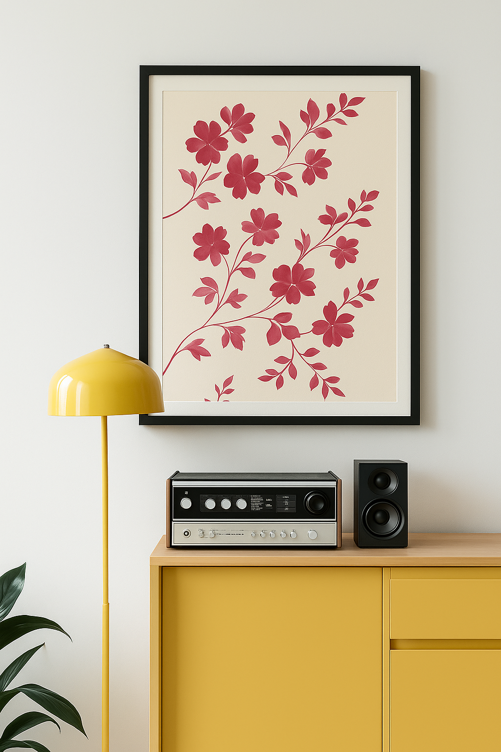 Watercolor painting of pink flowers with leafy branches on a light cream background, elegant botanical floral wall art