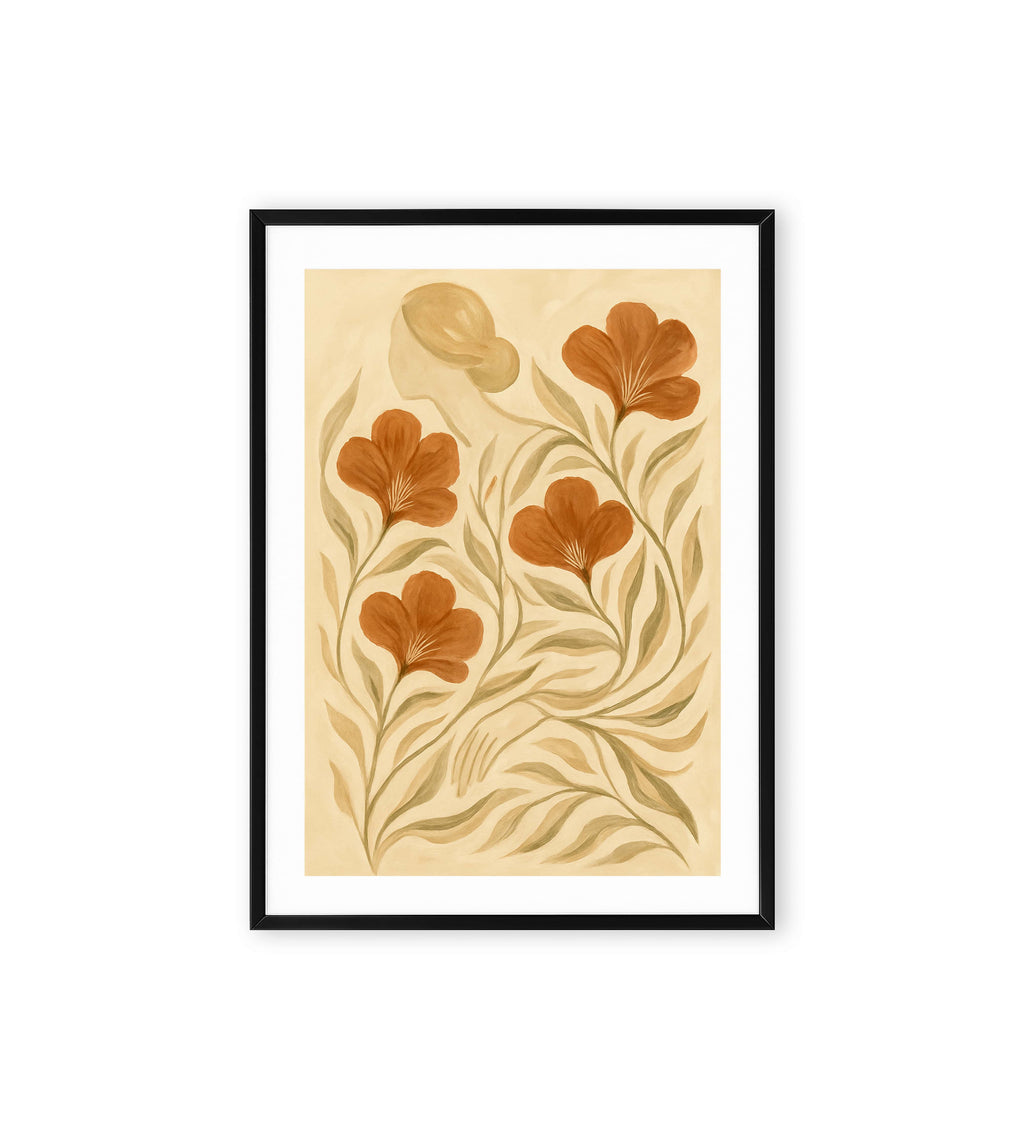 Abstract flower painting with red flowers and female silhouette.