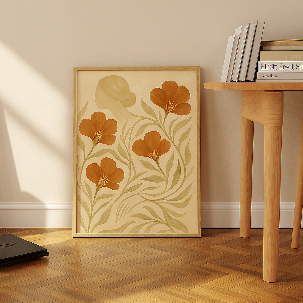 Abstract flower painting with red flowers and female silhouette.