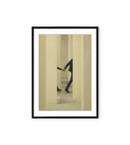 Wall print showing two people holding hands while walking through cream-colored pillars in a minimalist, abstract style.