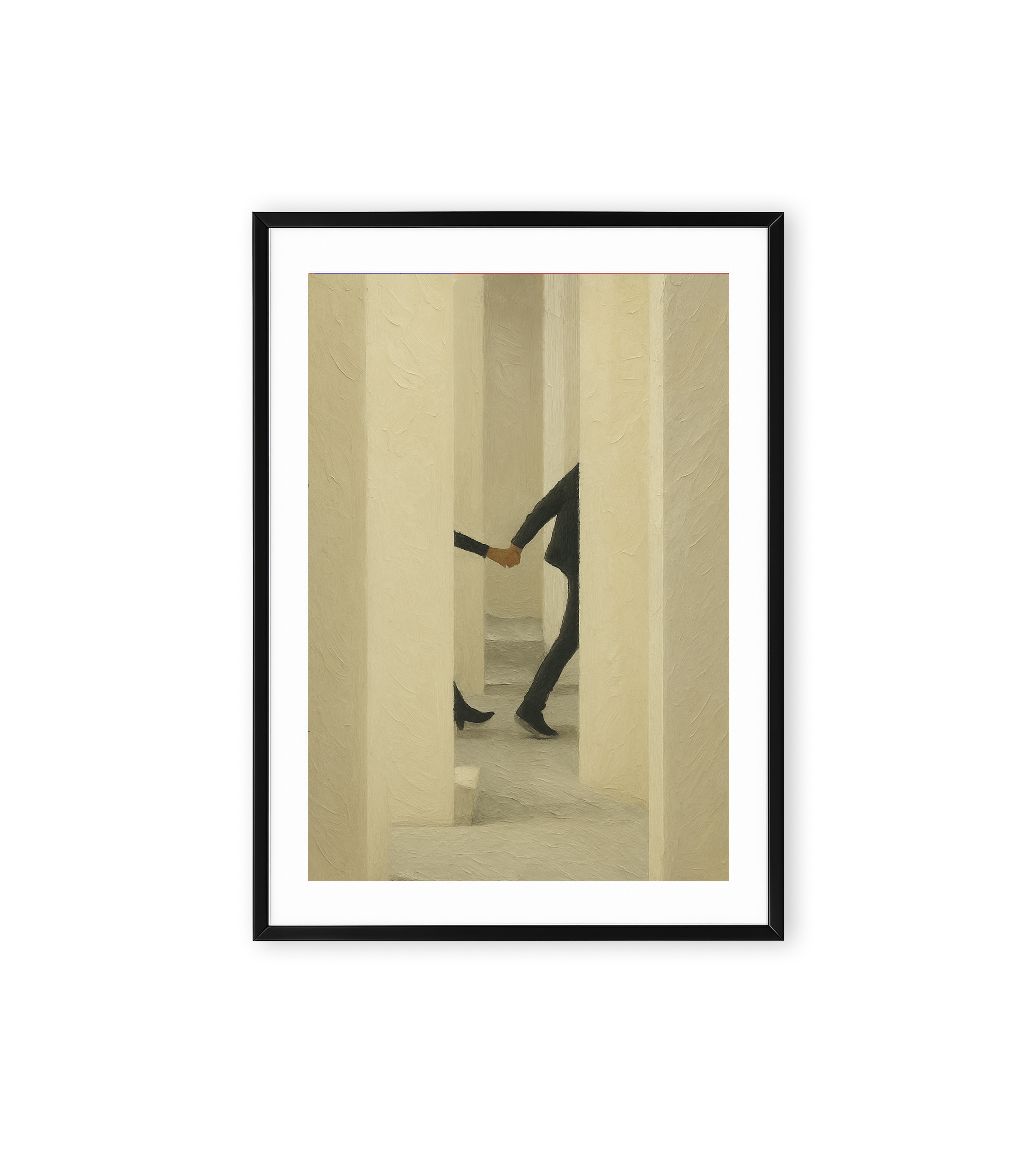 Wall print showing two people holding hands while walking through cream-colored pillars in a minimalist, abstract style.