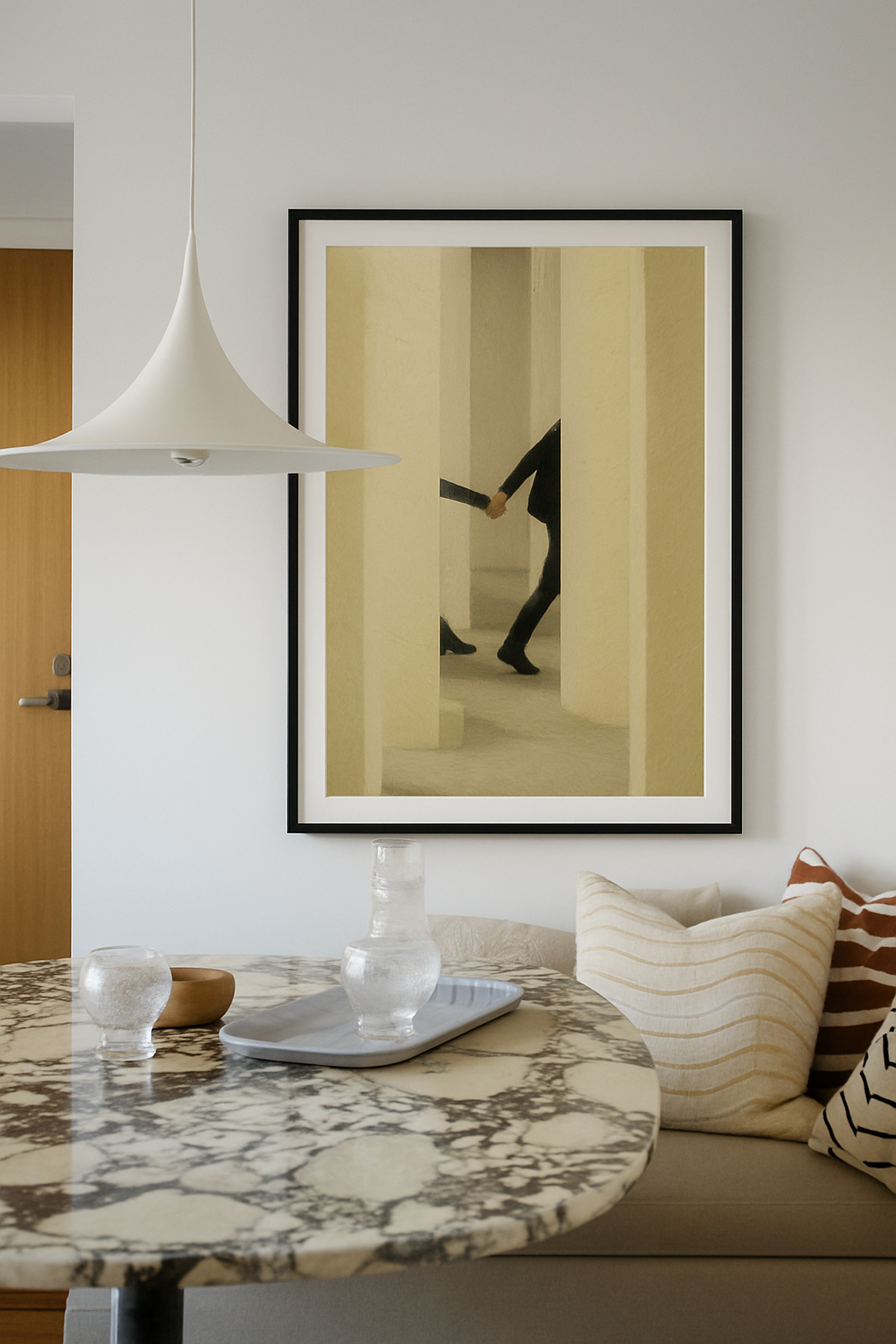 Wall print showing two people holding hands while walking through cream-colored pillars in a minimalist, abstract style.