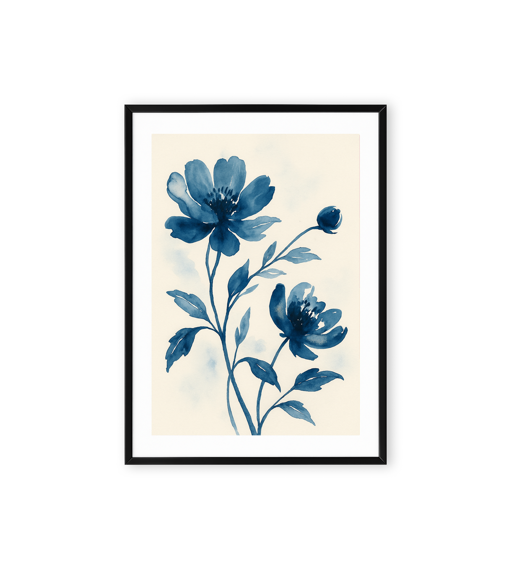 Watercolor painting of indigo blue flowers with delicate leaves on a light cream background, minimalist botanical wall art.