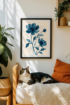 Watercolor painting of indigo blue flowers with delicate leaves on a light cream background, minimalist botanical wall art.