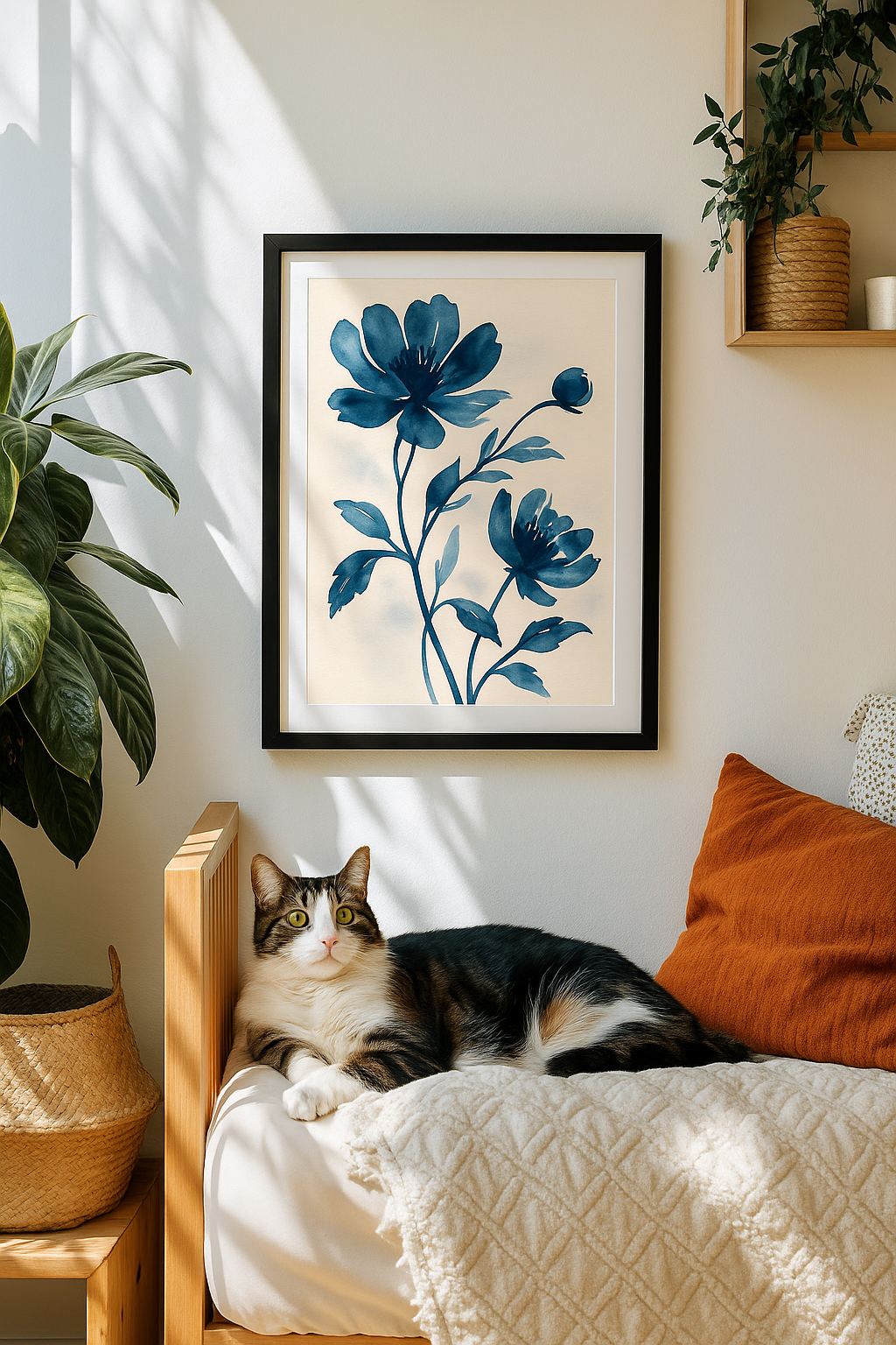 Watercolor painting of indigo blue flowers with delicate leaves on a light cream background, minimalist botanical wall art.