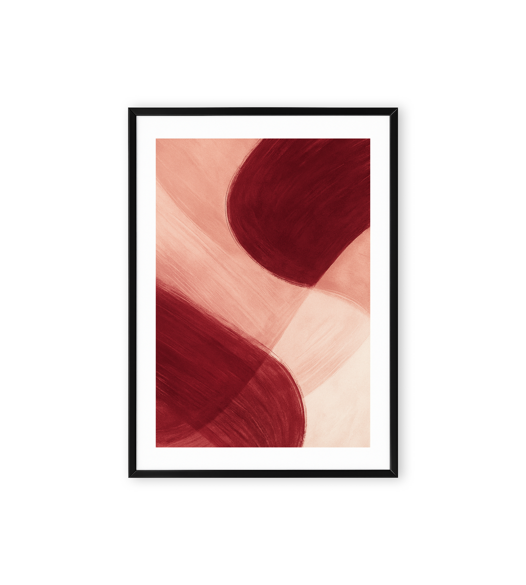 Abstract painting with sweeping red and blush pink brushstrokes forming soft curved shapes.