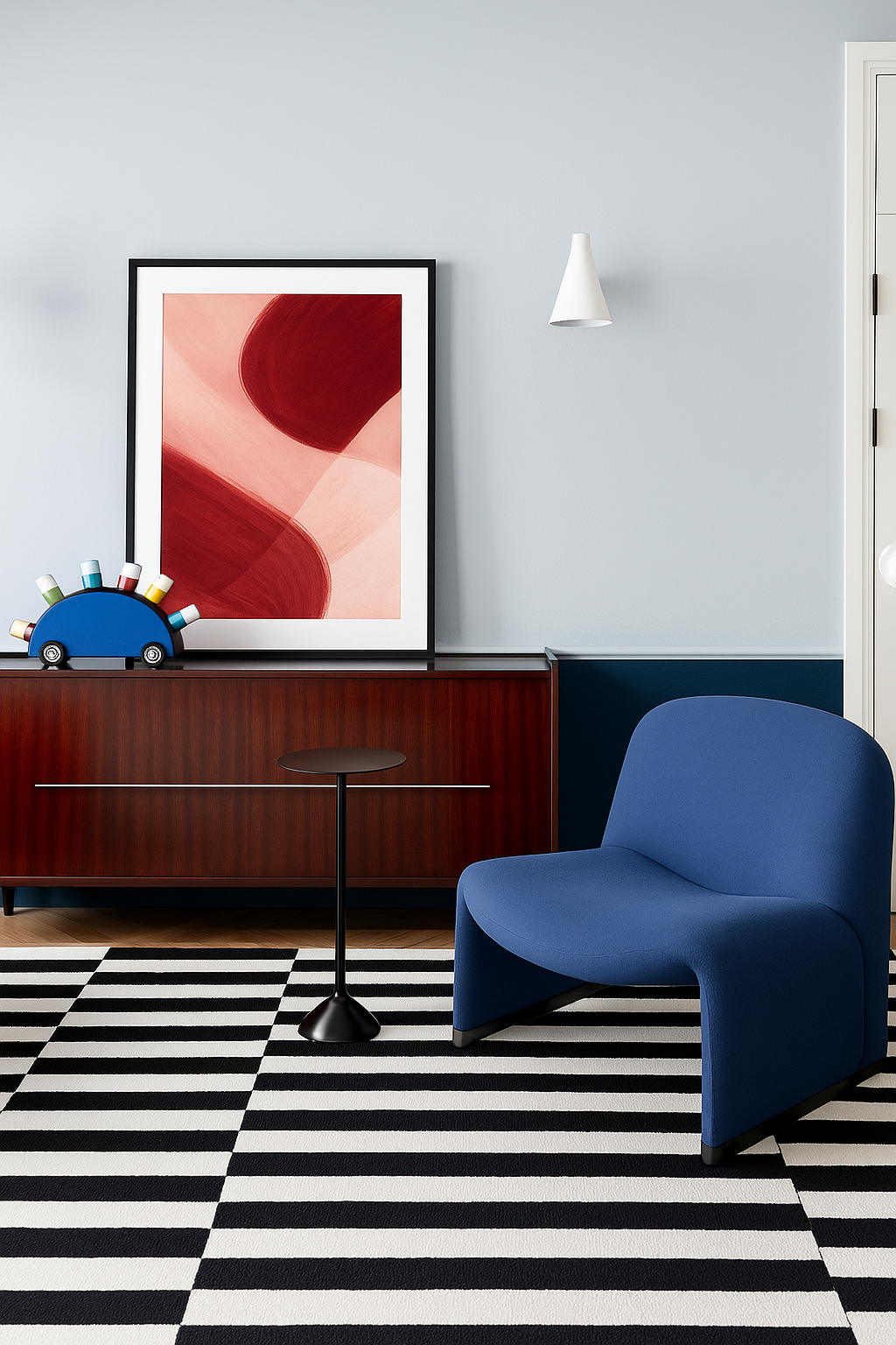 Abstract painting with sweeping red and blush pink brushstrokes forming soft curved shapes.