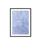Abstract painting with layered square brushstrokes in soft pastel lavender and blue hues.