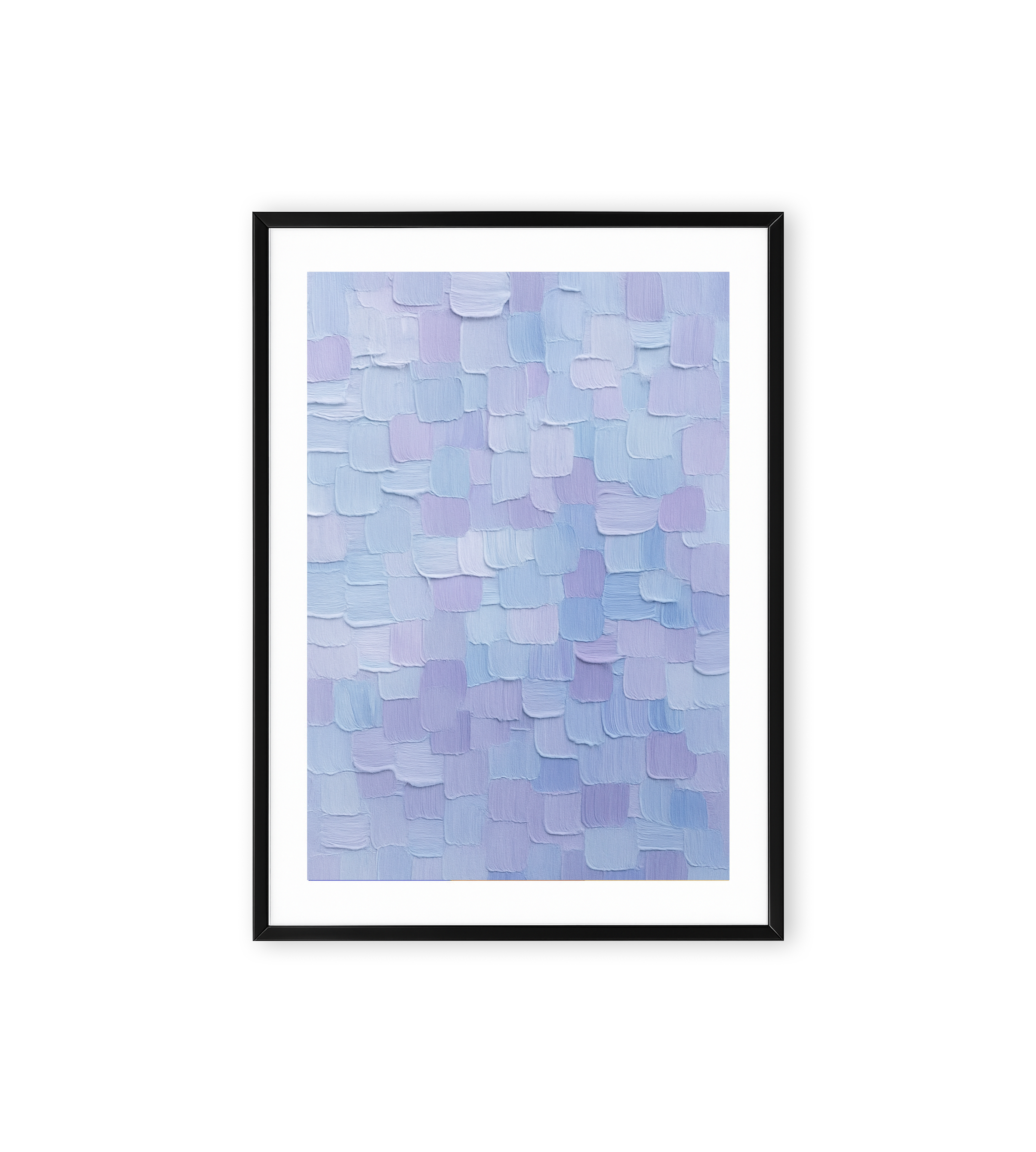 Abstract painting with layered square brushstrokes in soft pastel lavender and blue hues.