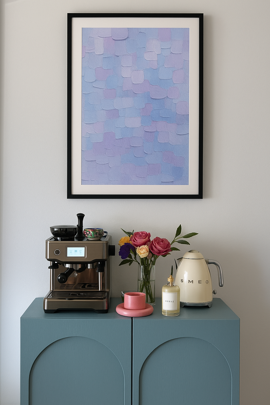 Abstract painting with layered square brushstrokes in soft pastel lavender and blue hues.
