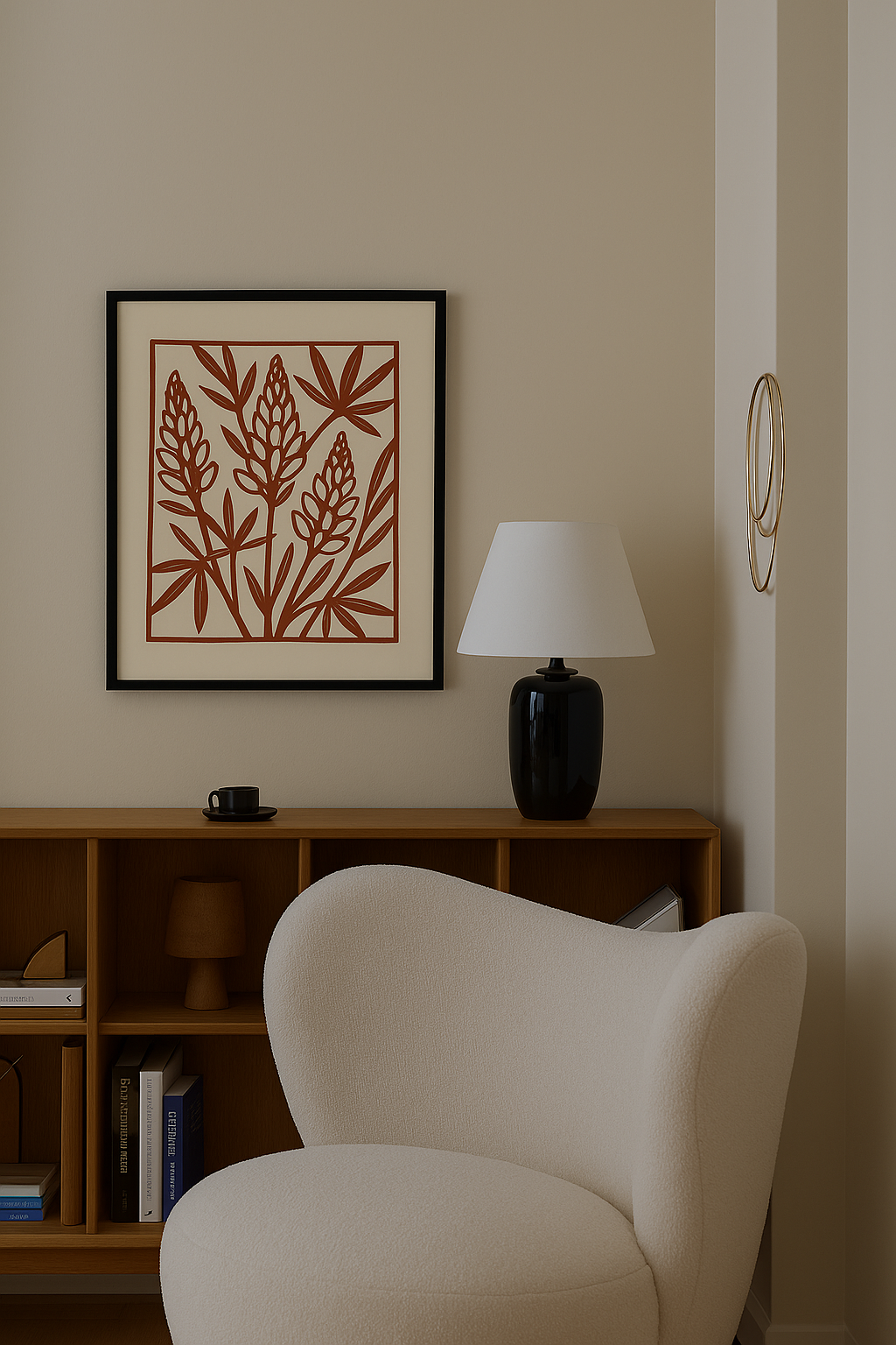 Red flower painting in linocut style on beige background.